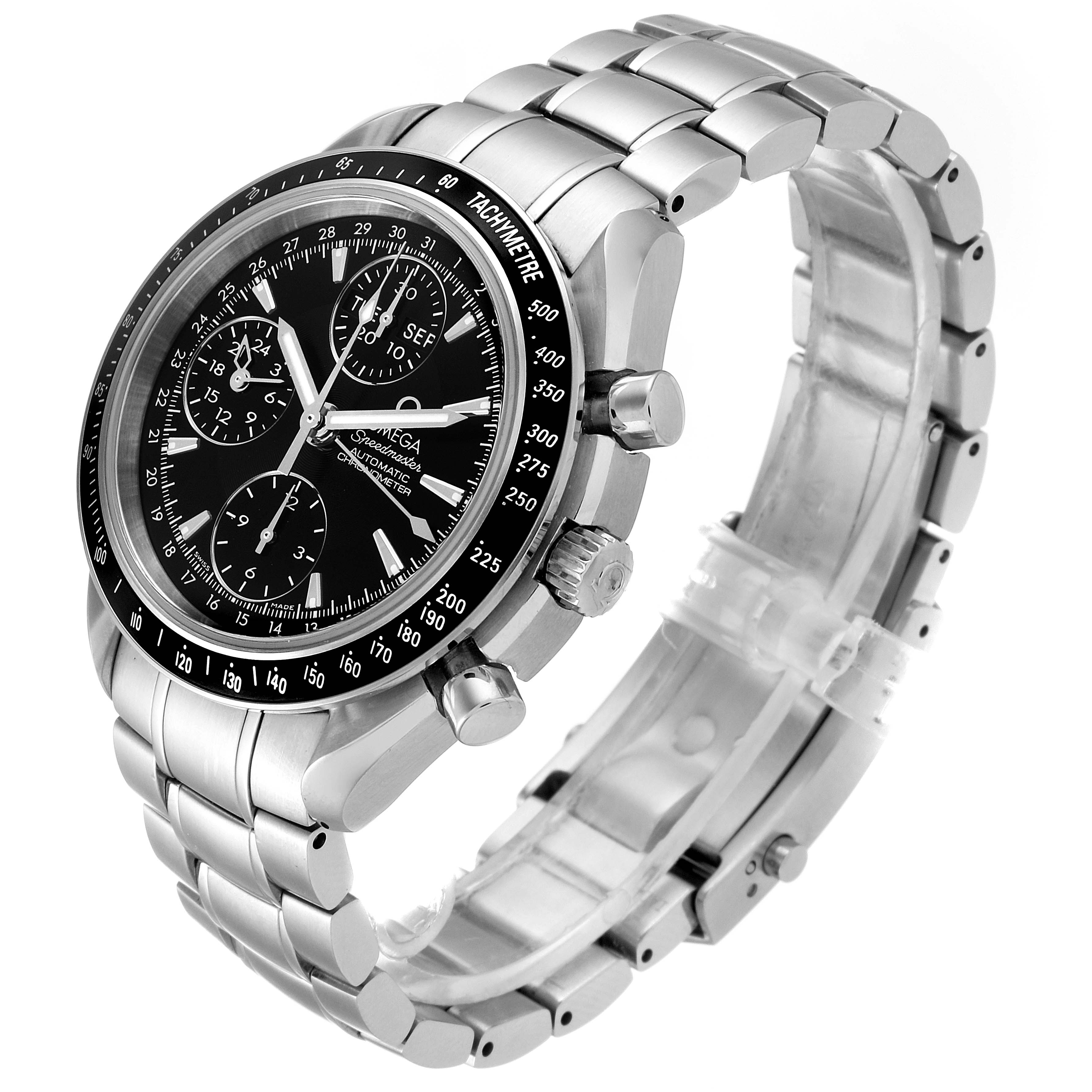 The Omega Speedmaster 3220.50.00 Men
s Stainless Steel Black Dial 3220.50.00 Men
s Stainless Steel Black Dial watch is shown at an angled view, highlighting the dial, bezel, crown, pushers, and metal bracelet.