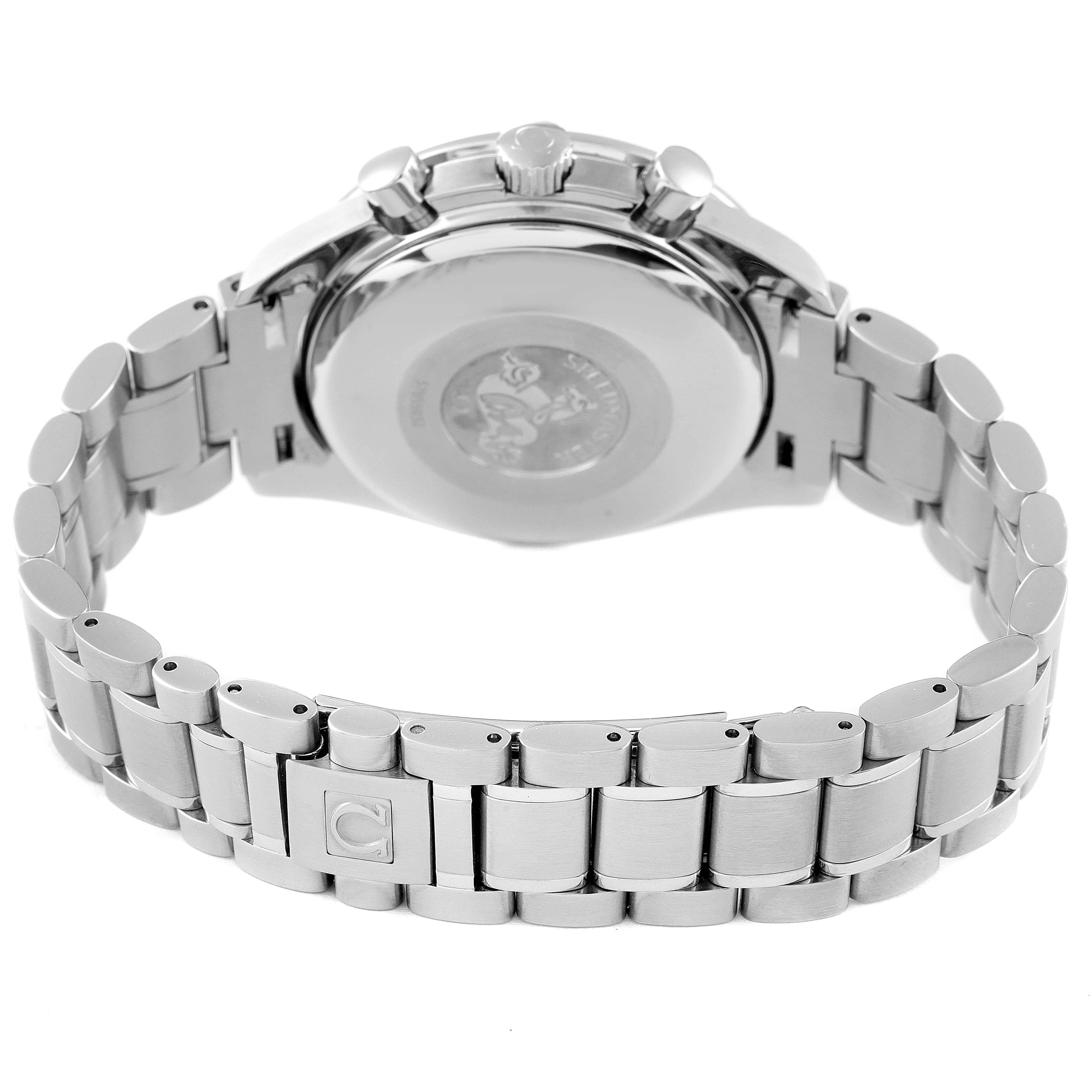 The image shows a rear view of an Omega Speedmaster 3520.50.00 Men
s Stainless Steel Black Dial 3520.50.00 Men
s Stainless Steel Black Dial watch, focusing on its metal bracelet and the back of the case.