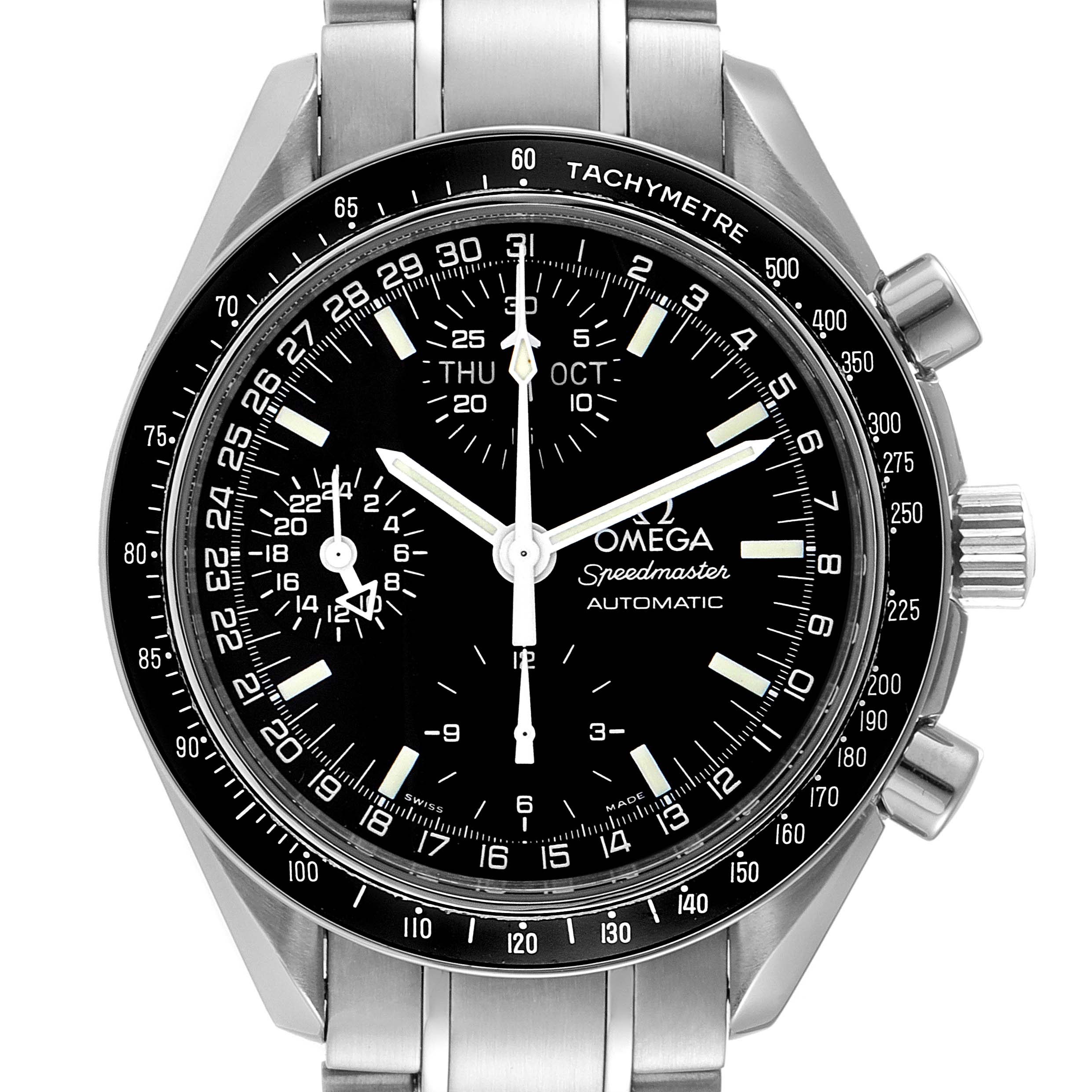 The image shows a front view of an Omega Speedmaster 3520.50.00 Men
s Stainless Steel Black Dial 3520.50.00 Men
s Stainless Steel Black Dial watch, highlighting the dial, bezel, pushers, and stainless steel bracelet.