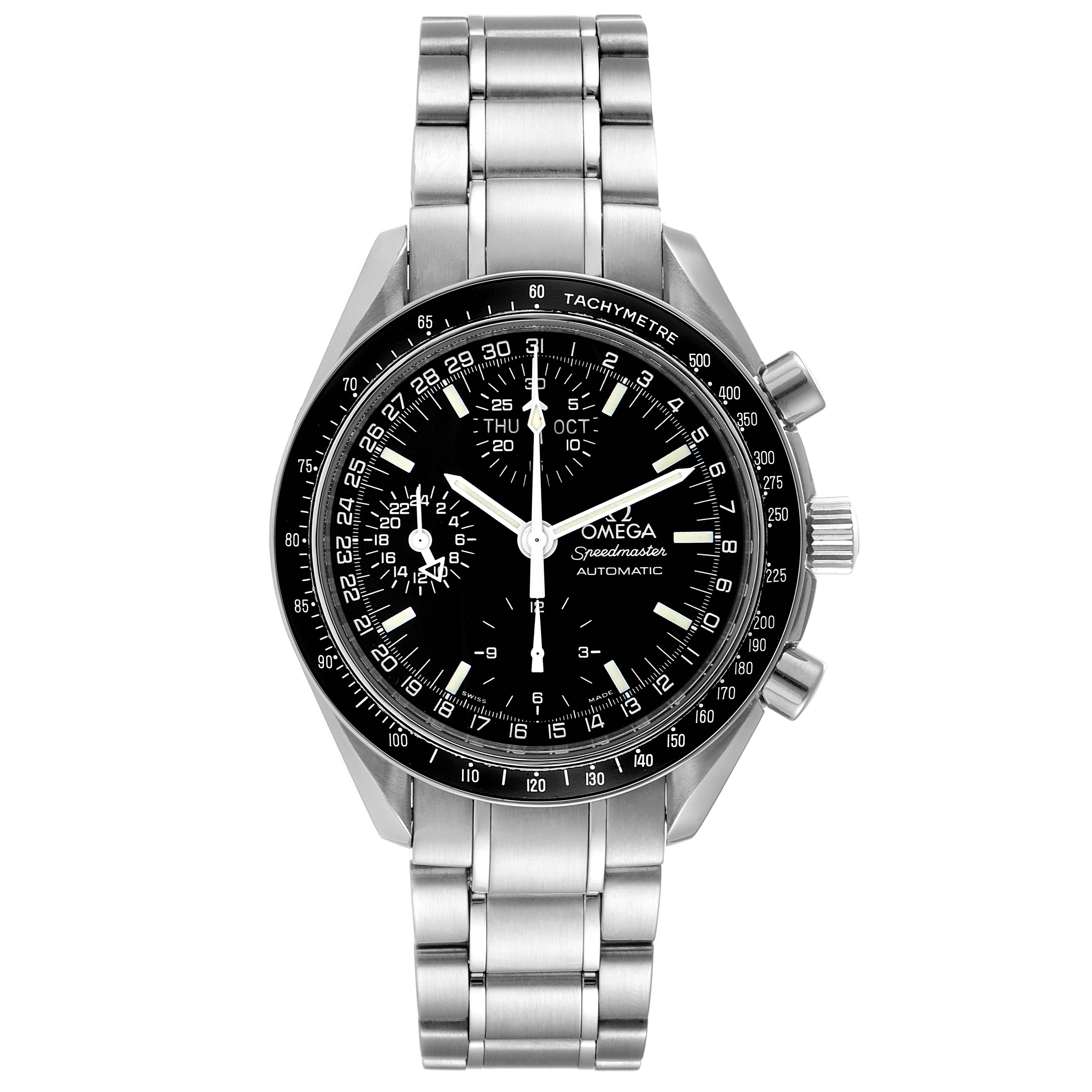 The image shows a front view of an Omega Speedmaster 3520.50.00 Men
s Stainless Steel Black Dial 3520.50.00 Men
s Stainless Steel Black Dial watch, displaying the dial, bezel, and stainless steel bracelet.