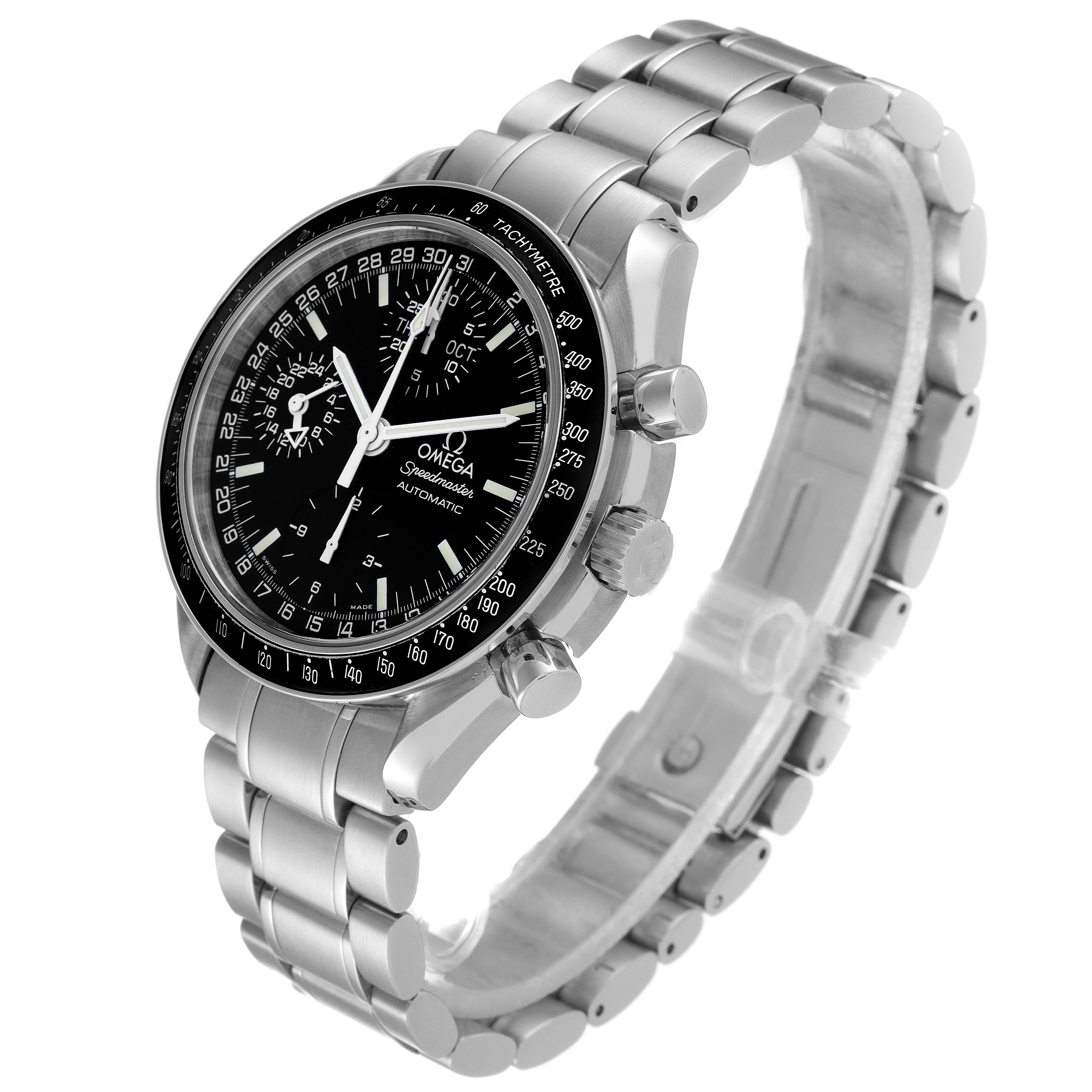 The image shows a side and front angle of an Omega Speedmaster 3520.50.00 Men
s Stainless Steel Black Dial 3520.50.00 Men
s Stainless Steel Black Dial watch, featuring its bezel, dial, chronograph buttons, and bracelet.