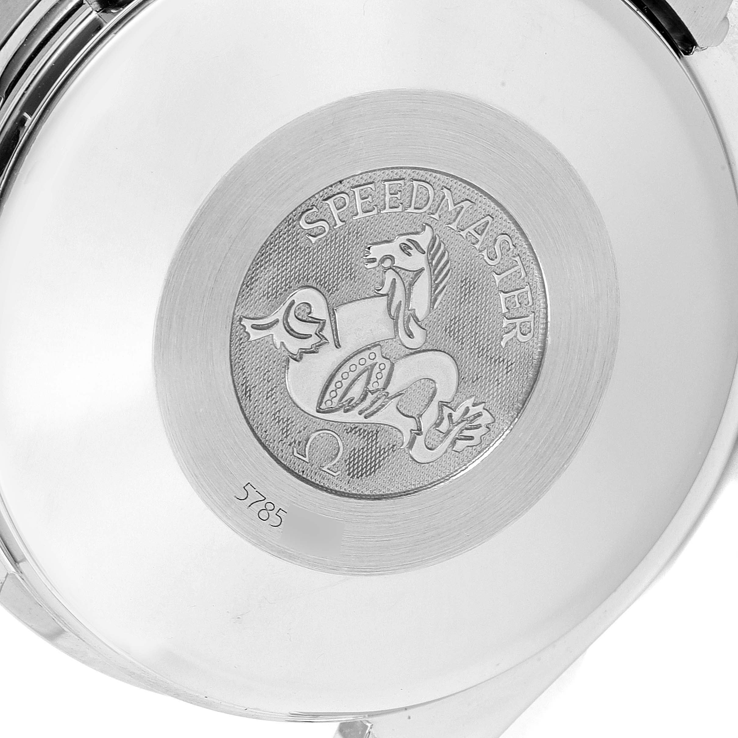 The image shows the case back of an Omega Speedmaster 3520.50.00 Men
s Stainless Steel Black Dial 3520.50.00 Men
s Stainless Steel Black Dial watch.