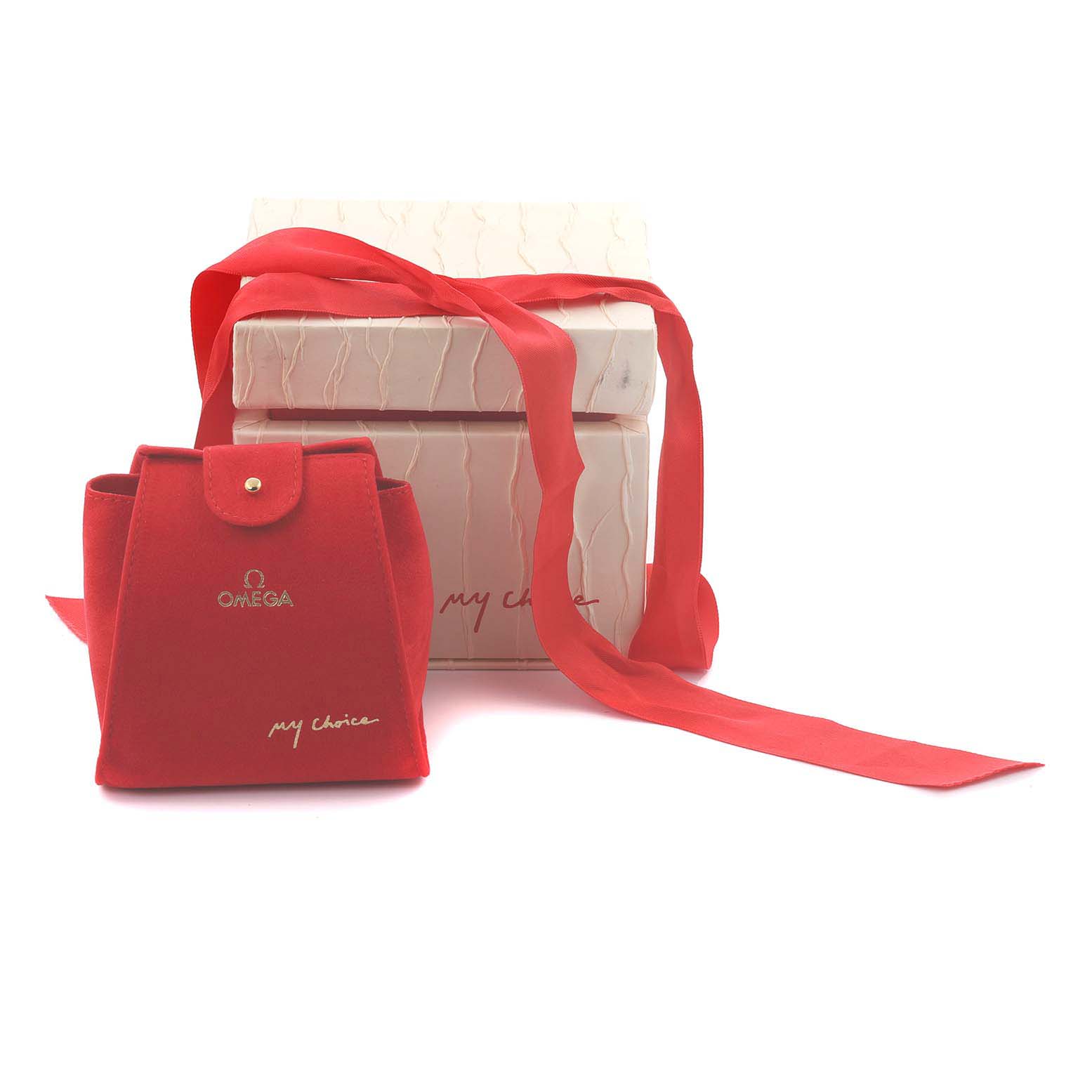 The image shows the packaging for the Omega 3815.79.40 Women's Stainless Steel Mother of Pearl Dial 3815.79.40 Women's Stainless Steel Mother of Pearl Dial Speedmaster Mother Of Pearl Diamond Orange Strap Ladies Watch 3815.79.40, featuring a red pouch and a decorative box with a ribbon.