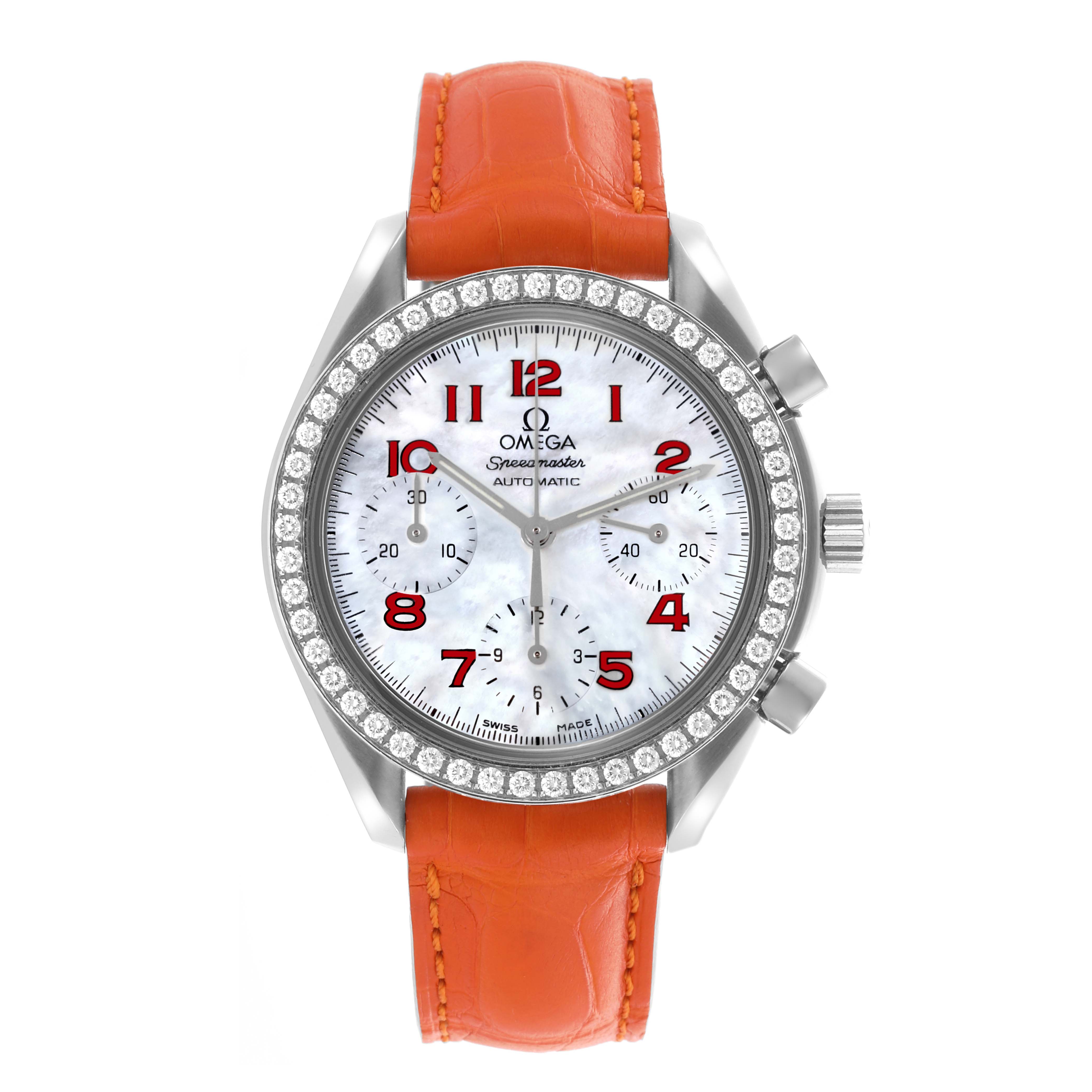The Omega 3815.79.40 Women's Stainless Steel Mother of Pearl Dial 3815.79.40 Women's Stainless Steel Mother of Pearl Dial Speedmaster 3815.79.40 is shown from the front, highlighting the orange strap, diamond bezel, and mother of pearl dial.