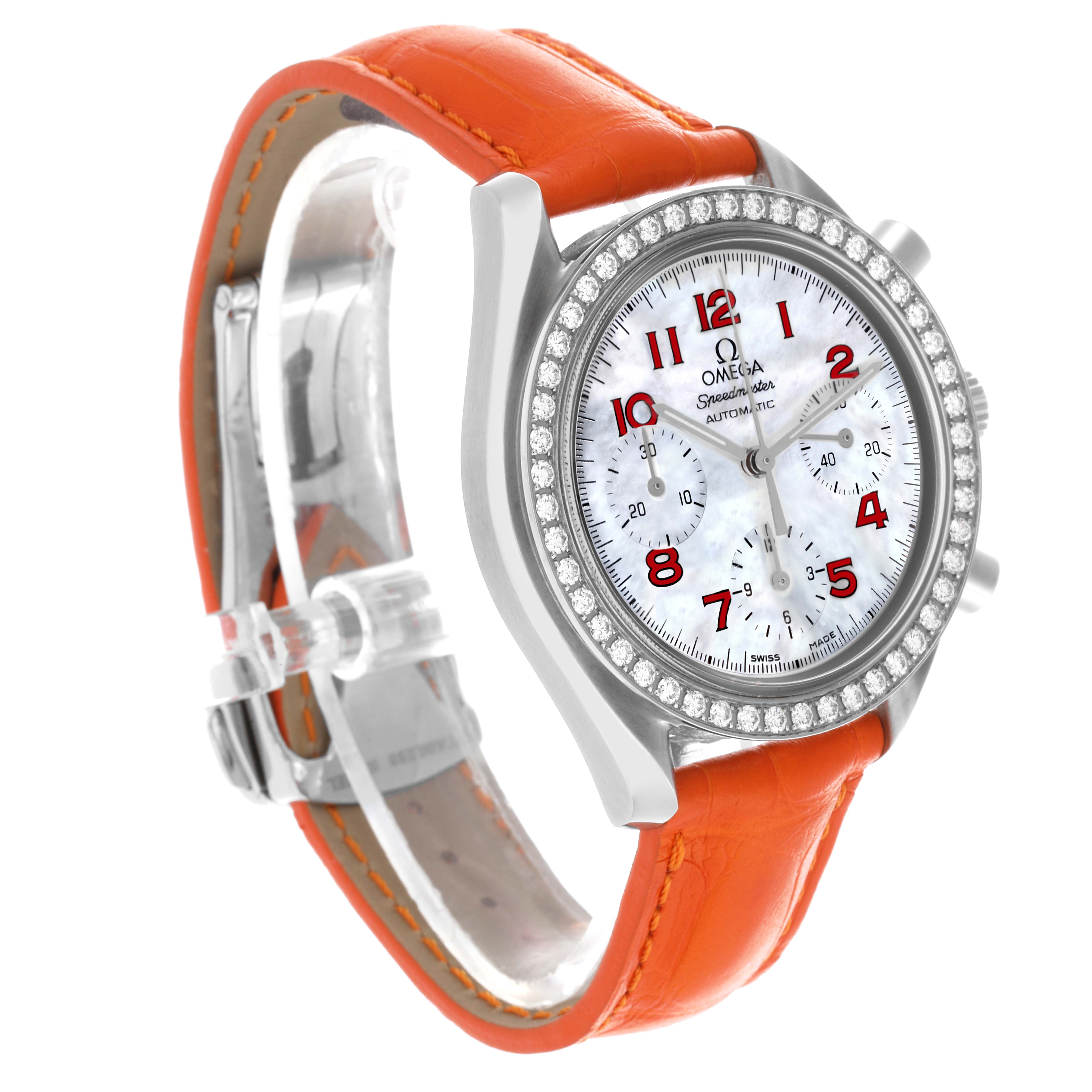 The Omega 3815.79.40 Women's Stainless Steel Mother of Pearl Dial 3815.79.40 Women's Stainless Steel Mother of Pearl Dial Speedmaster 3815.79.40 watch is shown at a slight angle, highlighting the orange strap, diamond bezel, and face details.