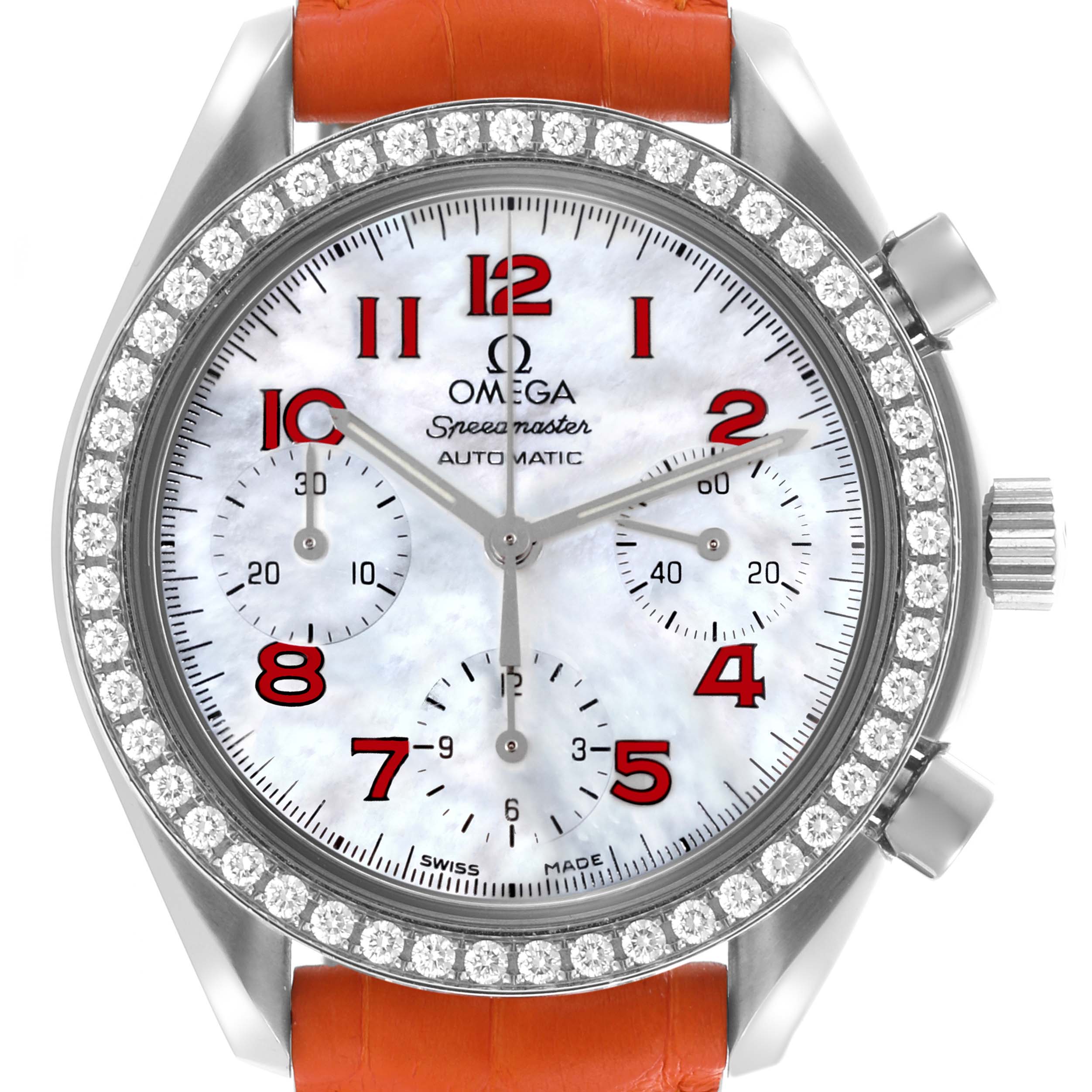The Omega 3815.79.40 Women's Stainless Steel Mother of Pearl Dial 3815.79.40 Women's Stainless Steel Mother of Pearl Dial Speedmaster 3815.79.40 is shown from the front, highlighting the diamond bezel, mother of pearl dial, and orange strap.