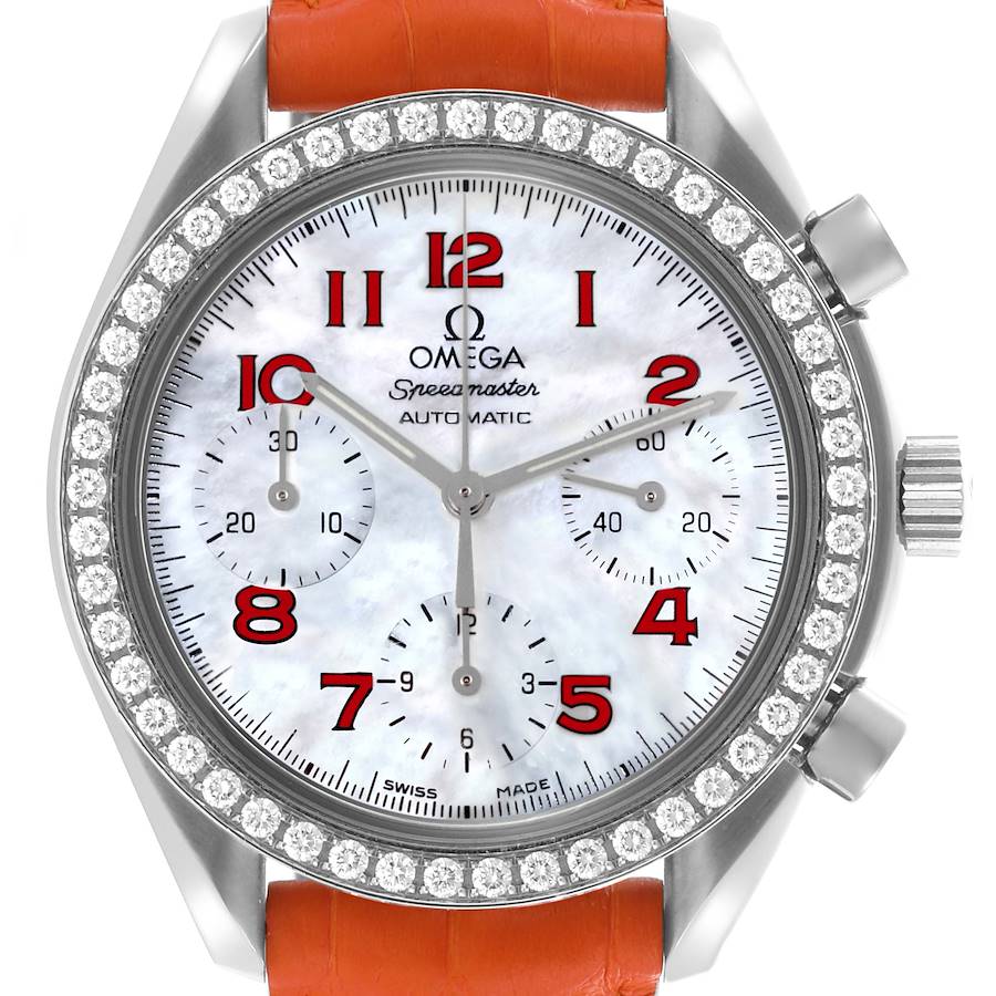 The Omega Speedmaster 3815.79.40 is shown from the front, highlighting the diamond bezel, mother of pearl dial, and orange strap.