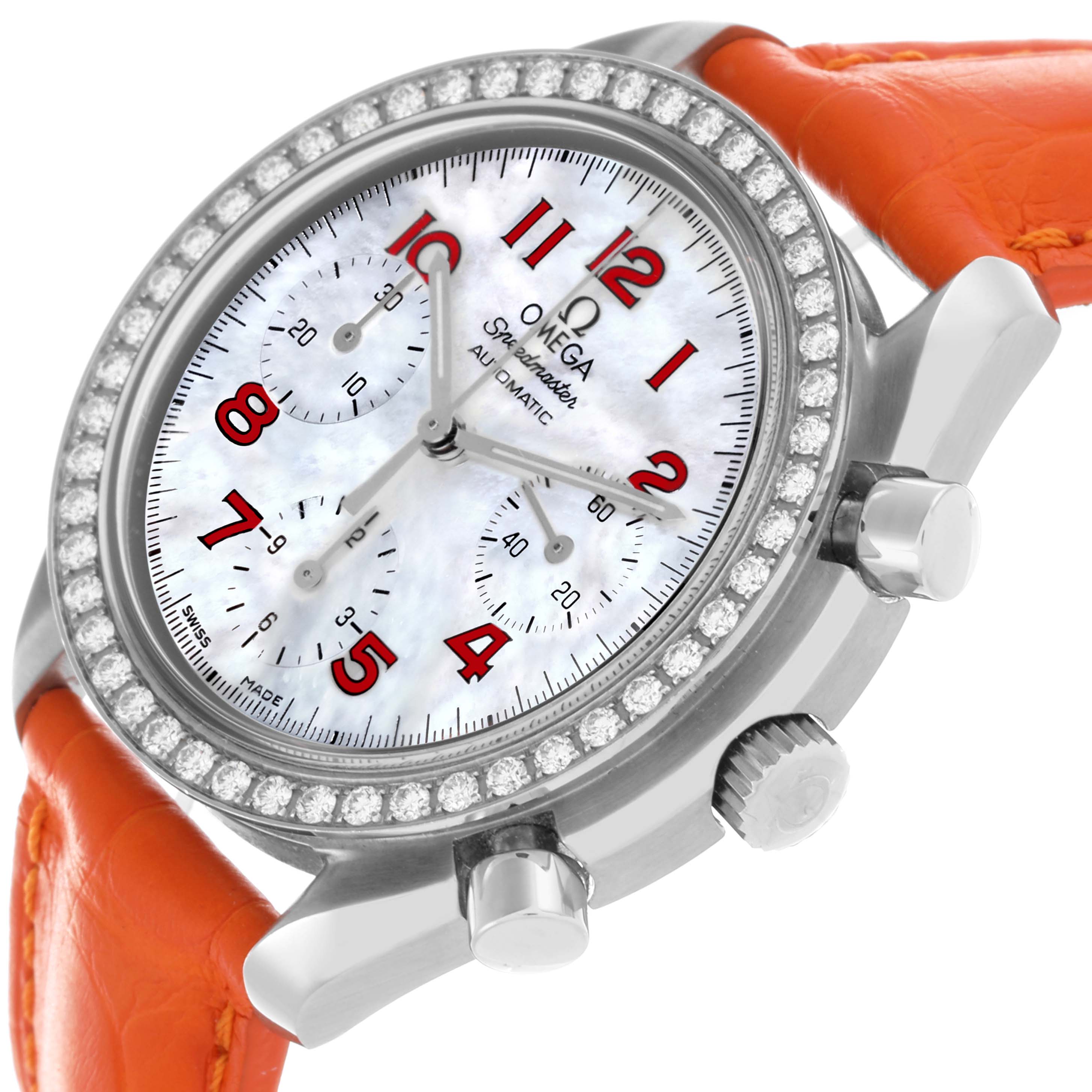 The Omega 3815.79.40 Women's Stainless Steel Mother of Pearl Dial 3815.79.40 Women's Stainless Steel Mother of Pearl Dial Speedmaster 3815.79.40 is shown from an angled close-up, highlighting its face, diamond bezel, and orange strap.