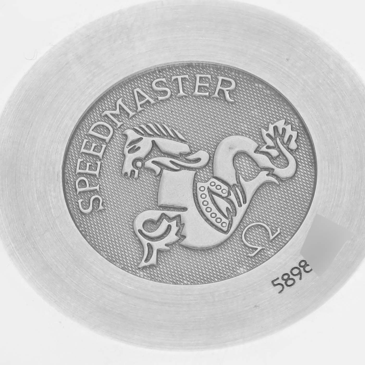 The image shows the case back of the Omega 3815.79.40 Women's Stainless Steel Mother of Pearl Dial 3815.79.40 Women's Stainless Steel Mother of Pearl Dial Speedmaster Mother of Pearl Diamond Orange Strap Ladies Watch 3815.79.40.