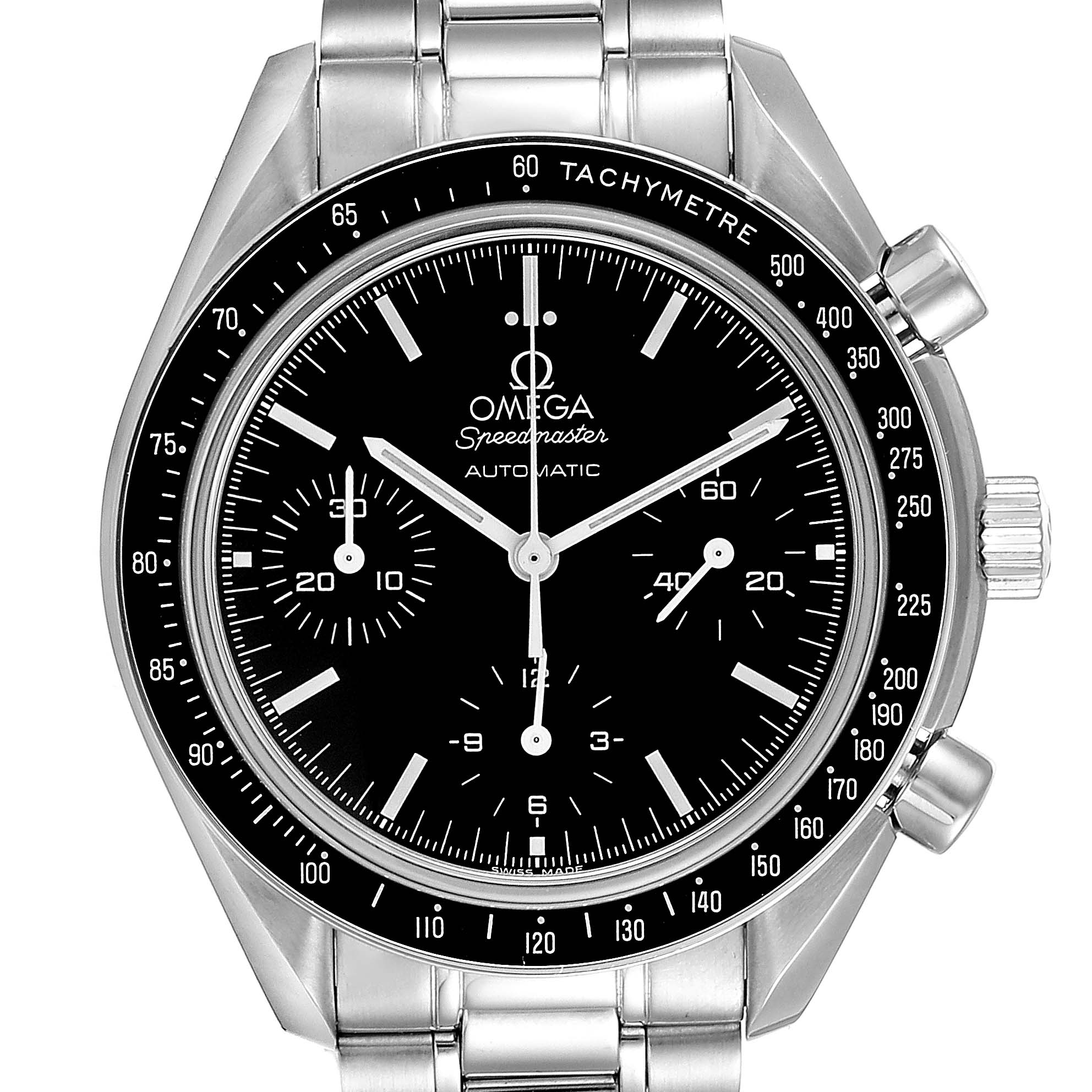 This image shows a front view of an Omega Speedmaster 3539.50.00 Men
s Stainless Steel Black Dial 3539.50.00 Men
s Stainless Steel Black Dial watch, highlighting its dial, tachymeter bezel, and chronograph sub-dials.