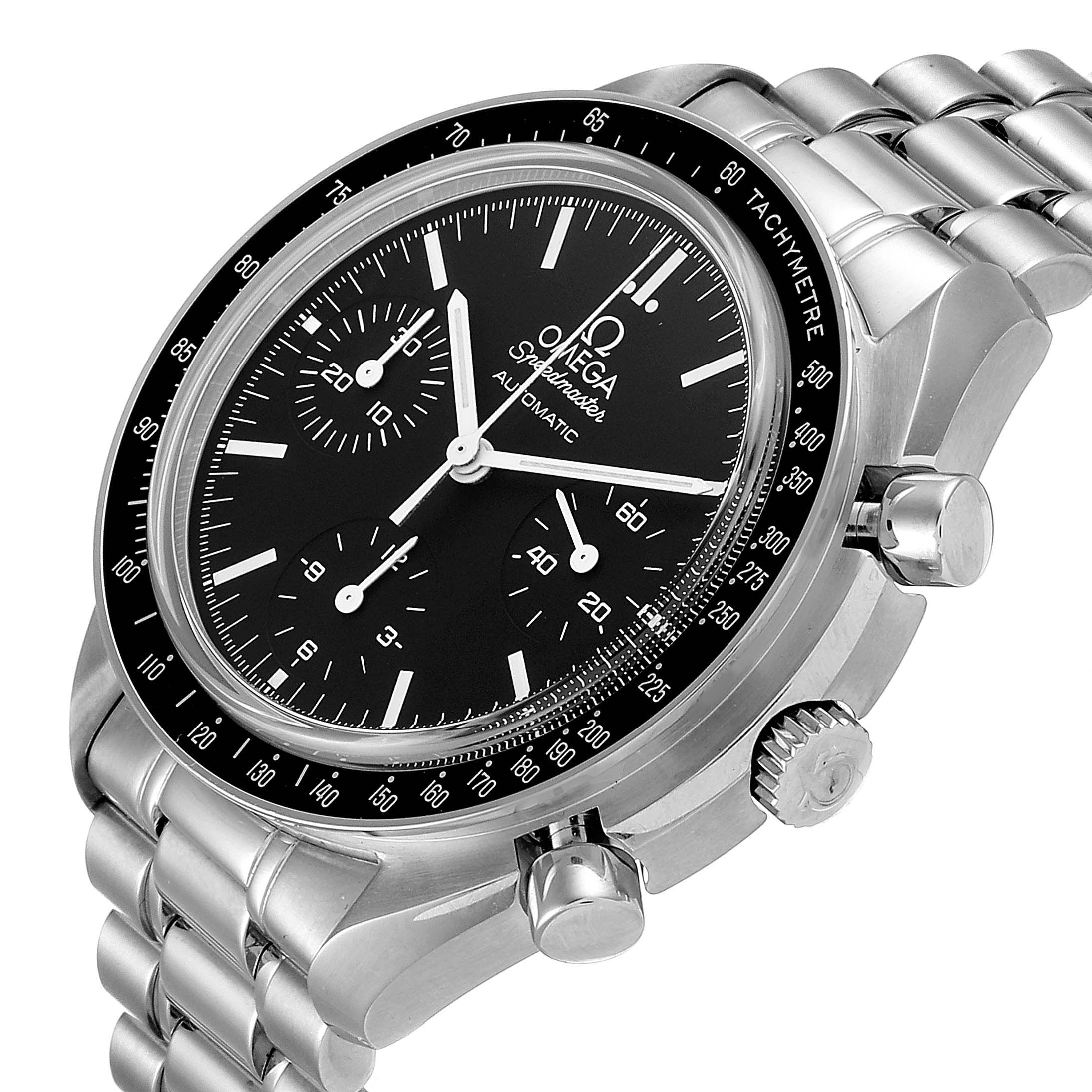 The image shows an Omega Speedmaster 3539.50.00 Men
s Stainless Steel Black Dial 3539.50.00 Men
s Stainless Steel Black Dial watch at a three-quarter angle, highlighting its bezel, crown, sub-dials, and bracelet.