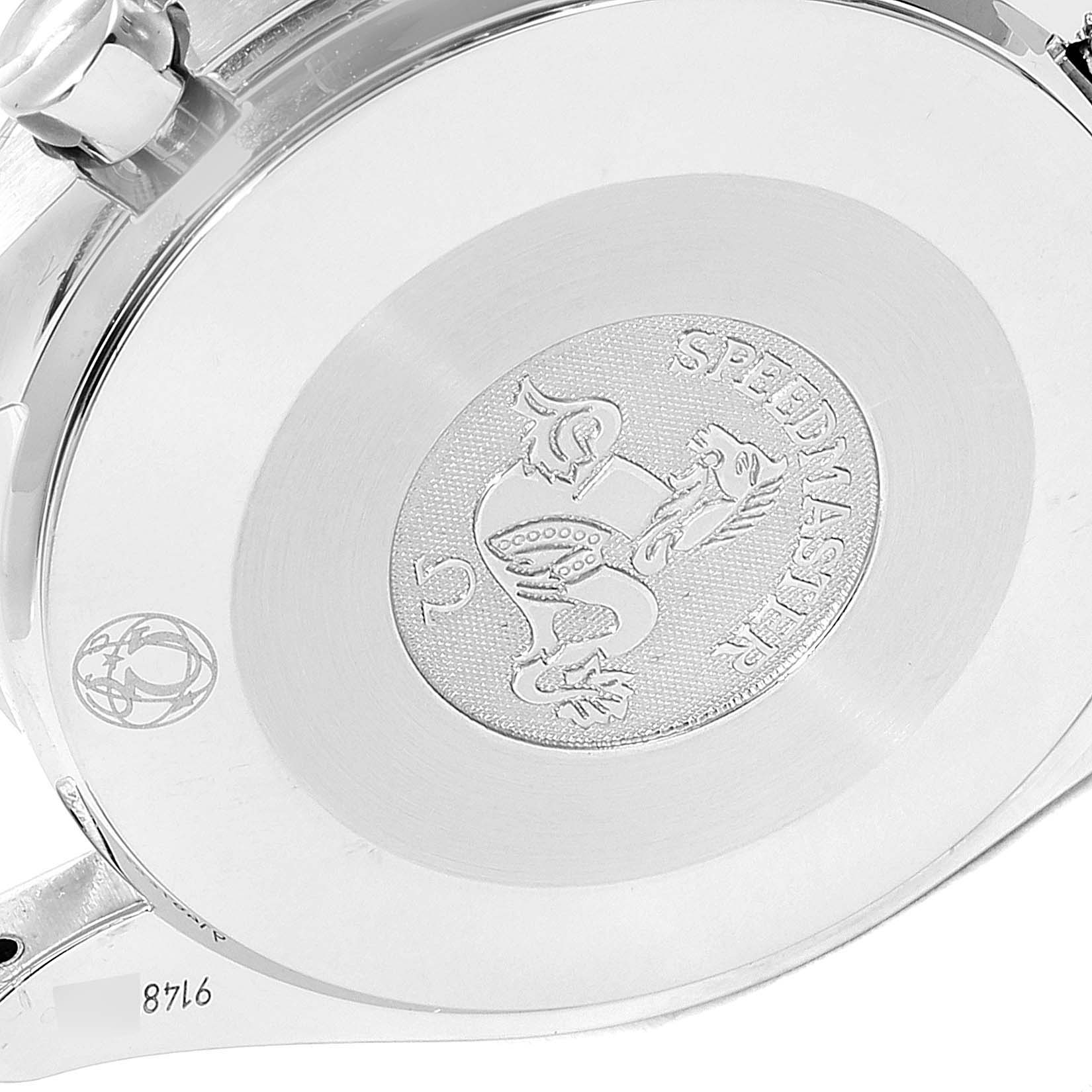 The image shows the engraved case back of an Omega Speedmaster 3539.50.00 Men
s Stainless Steel Black Dial 3539.50.00 Men
s Stainless Steel Black Dial watch, highlighting its logo and serial number.