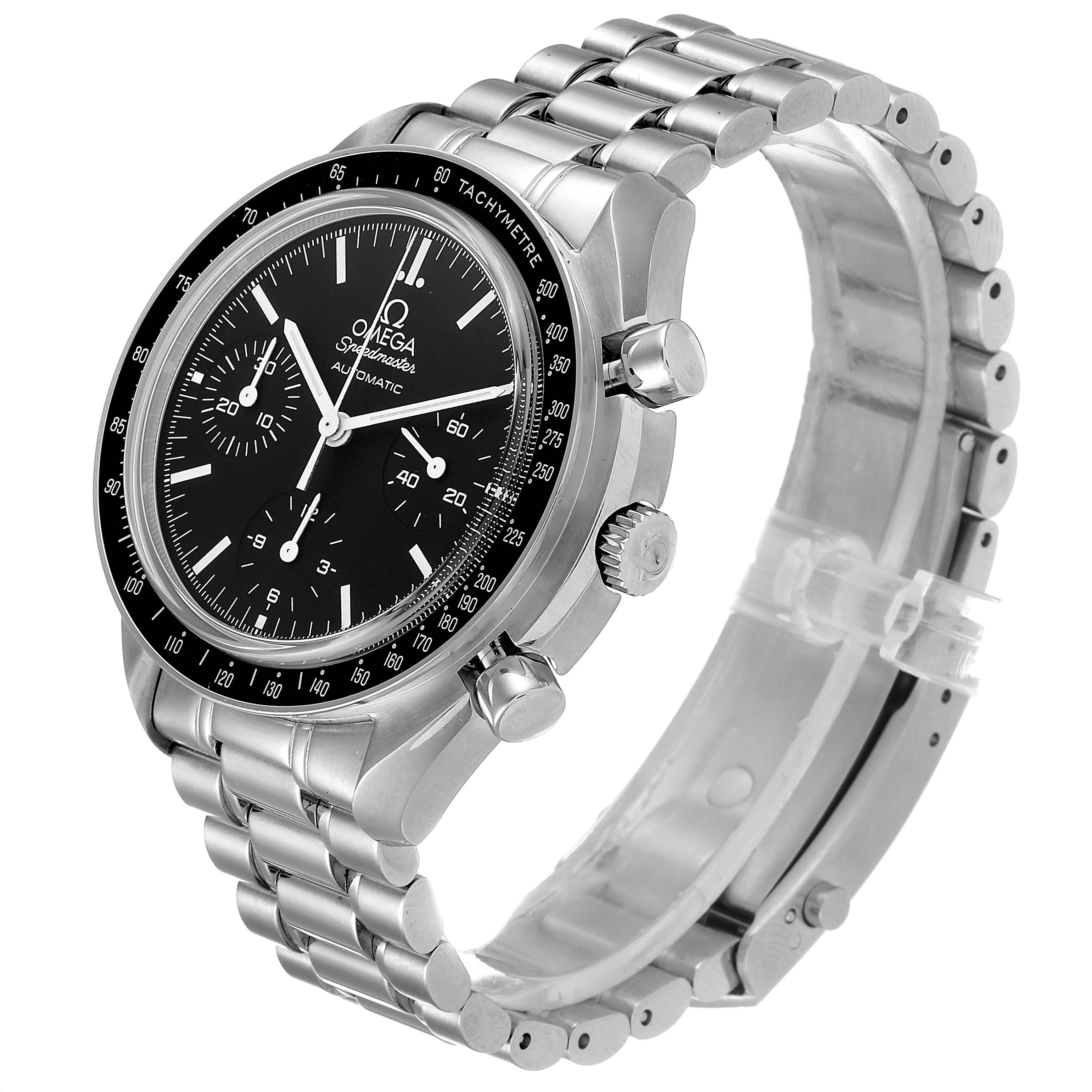 The Omega Speedmaster 3539.50.00 Men
s Stainless Steel Black Dial 3539.50.00 Men
s Stainless Steel Black Dial watch is shown at a three-quarter angle, highlighting its dial, bezel, pushers, crown, and bracelet.