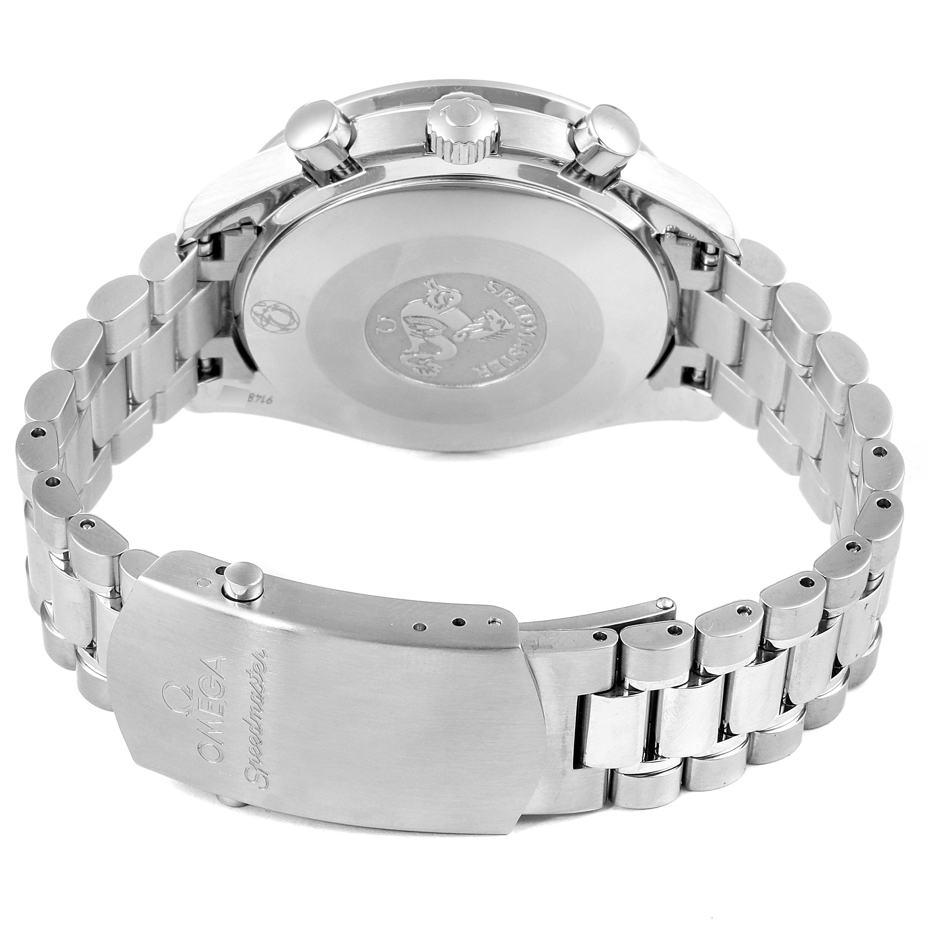 The image shows the back case, crown, pushers, and bracelet clasp of an Omega Speedmaster 3539.50.00 Men
s Stainless Steel Black Dial 3539.50.00 Men
s Stainless Steel Black Dial watch.