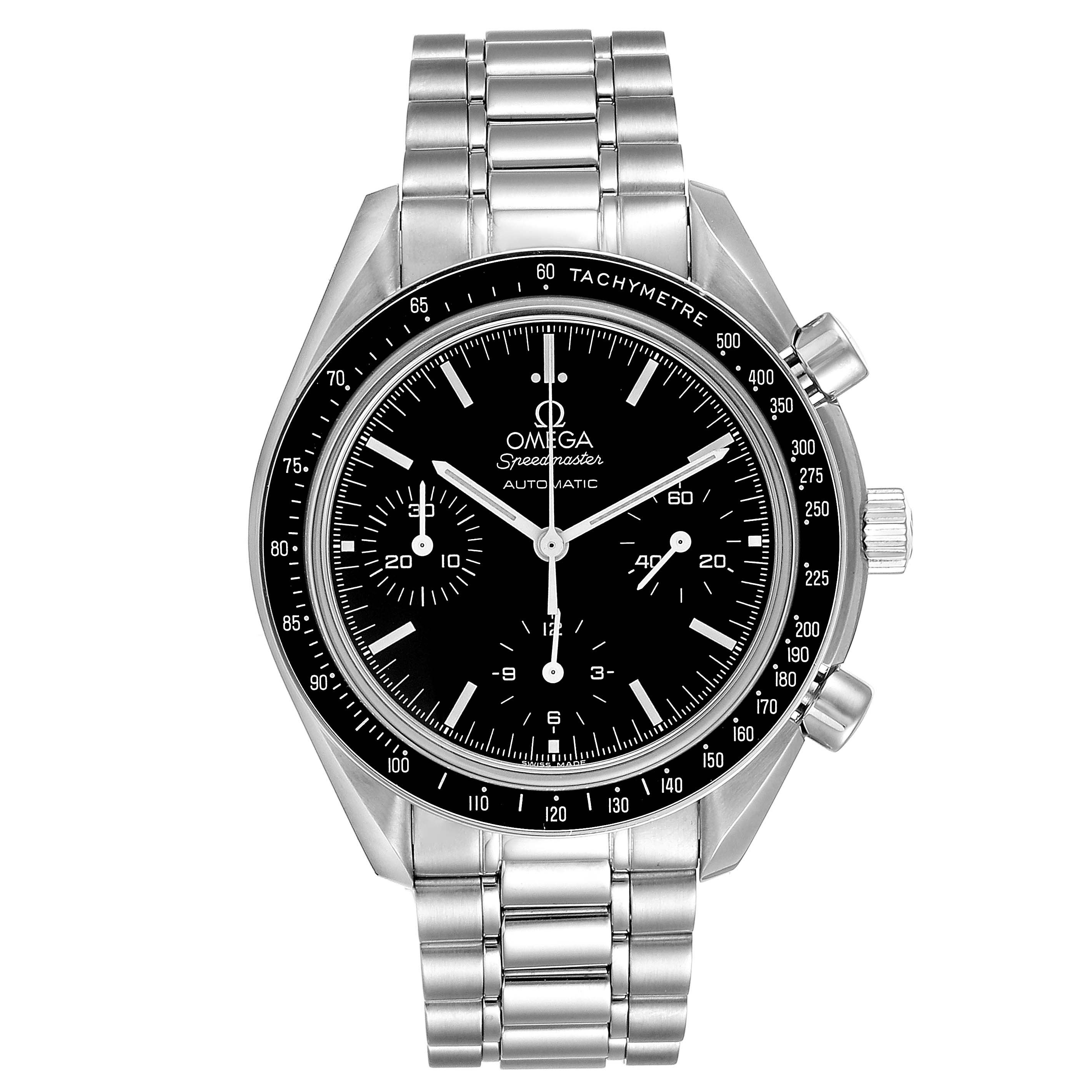 The image shows a front view of an Omega Speedmaster 3539.50.00 Men
s Stainless Steel Black Dial 3539.50.00 Men
s Stainless Steel Black Dial watch, displaying the face, bezel, and steel bracelet.