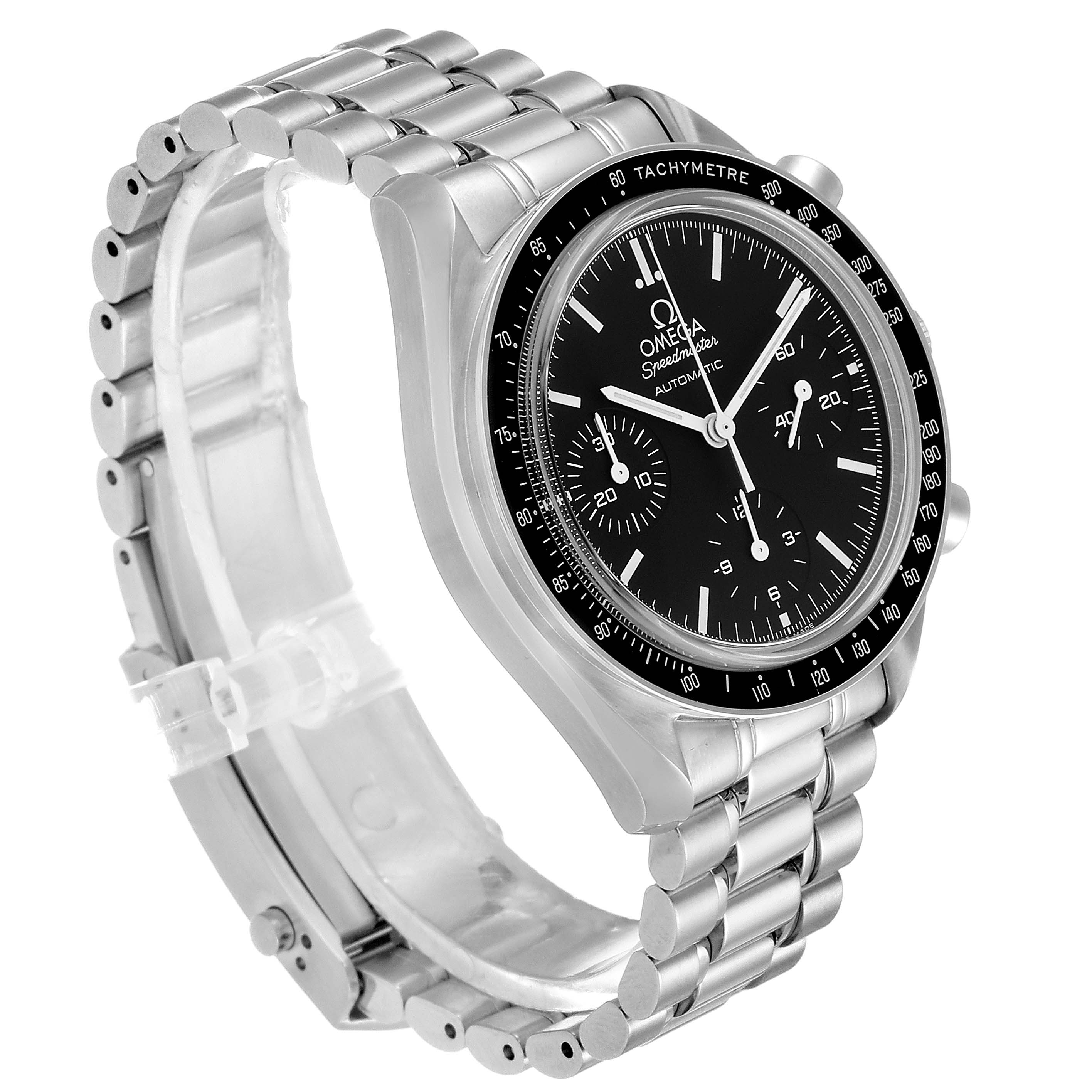The image shows an Omega Speedmaster 3539.50.00 Men
s Stainless Steel Black Dial 3539.50.00 Men
s Stainless Steel Black Dial watch at a three-quarter view, highlighting its face, bezel, and bracelet.