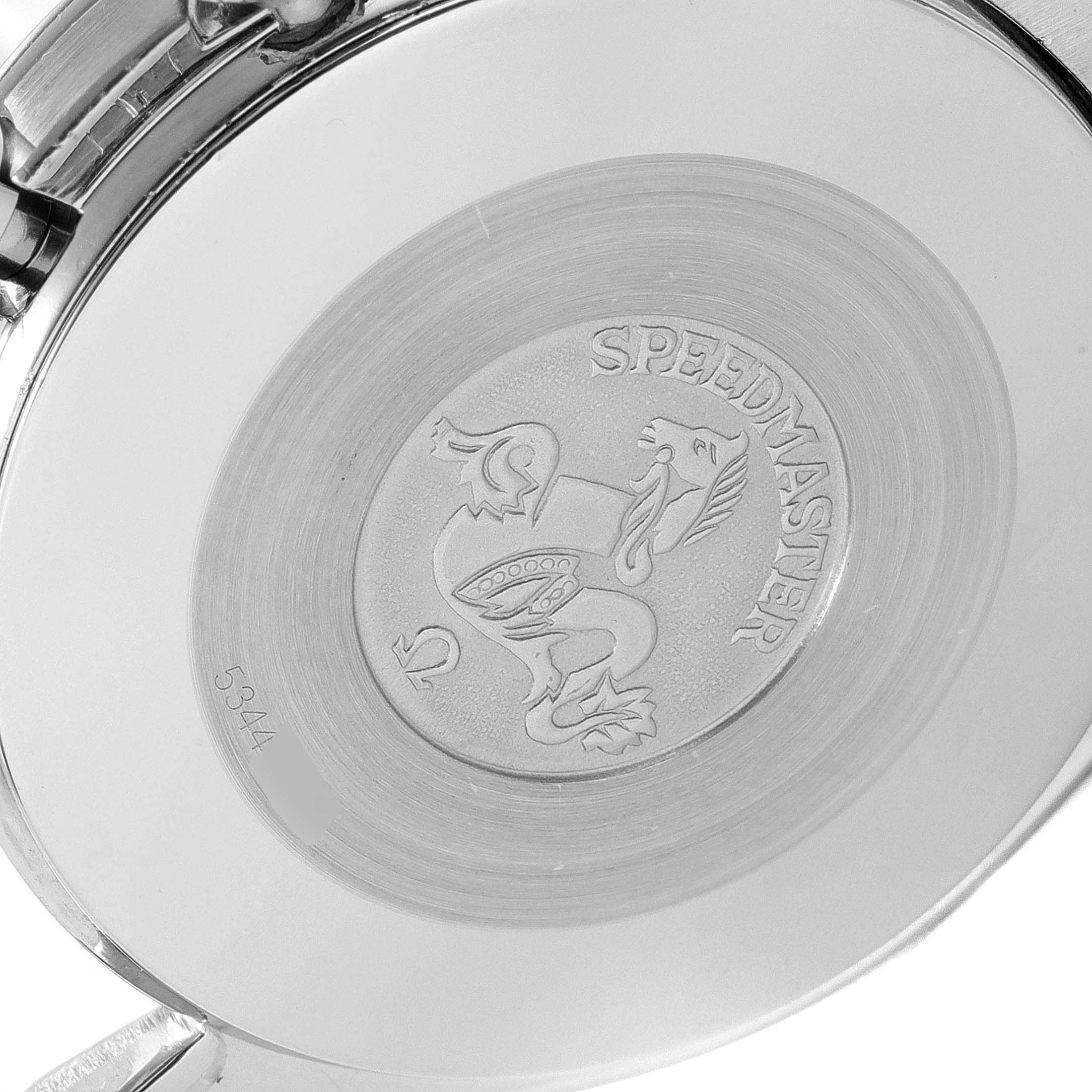 The image shows the case back of an Omega Speedmaster 3510.50.00 Men
s Stainless Steel Black Dial 3510.50.00 Men
s Stainless Steel Black Dial watch, featuring the engraved logo and model name.