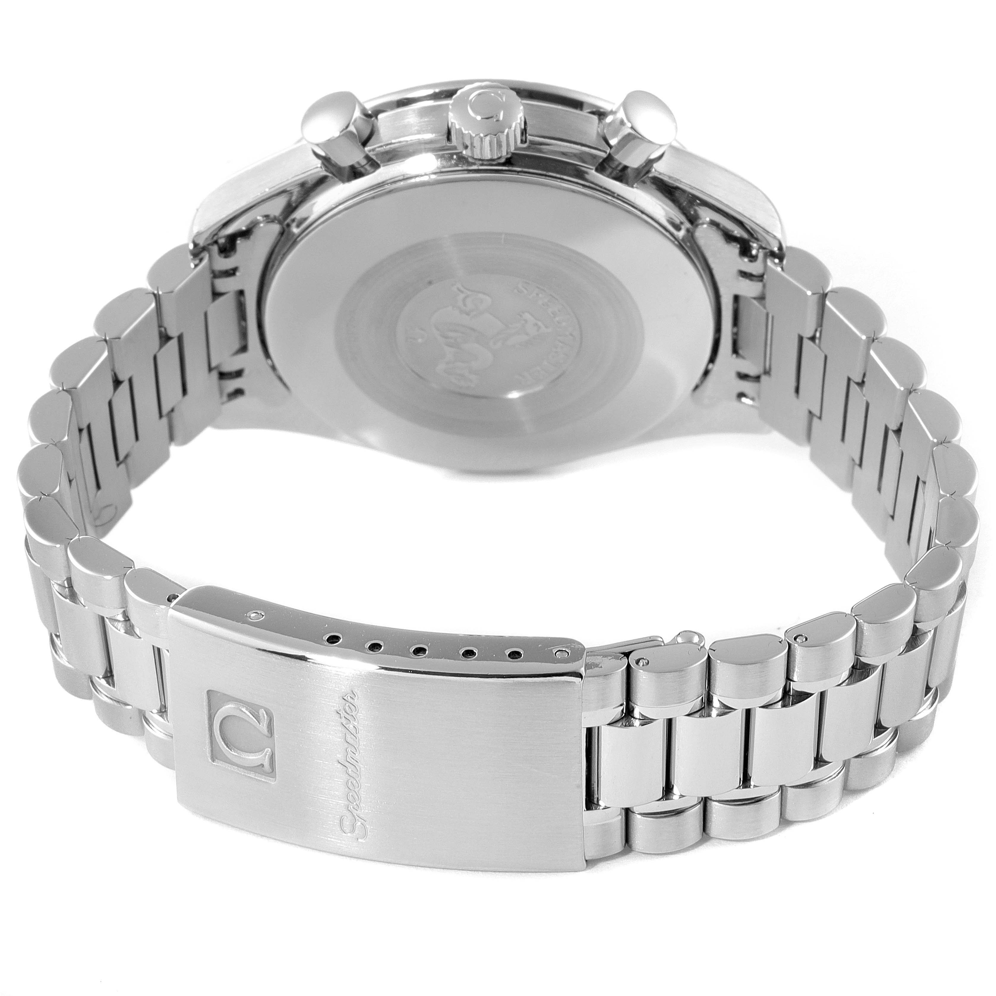 The image shows the back case and metal bracelet of an Omega Speedmaster 3510.50.00 Men
s Stainless Steel Black Dial 3510.50.00 Men
s Stainless Steel Black Dial watch, including the clasp and crown.