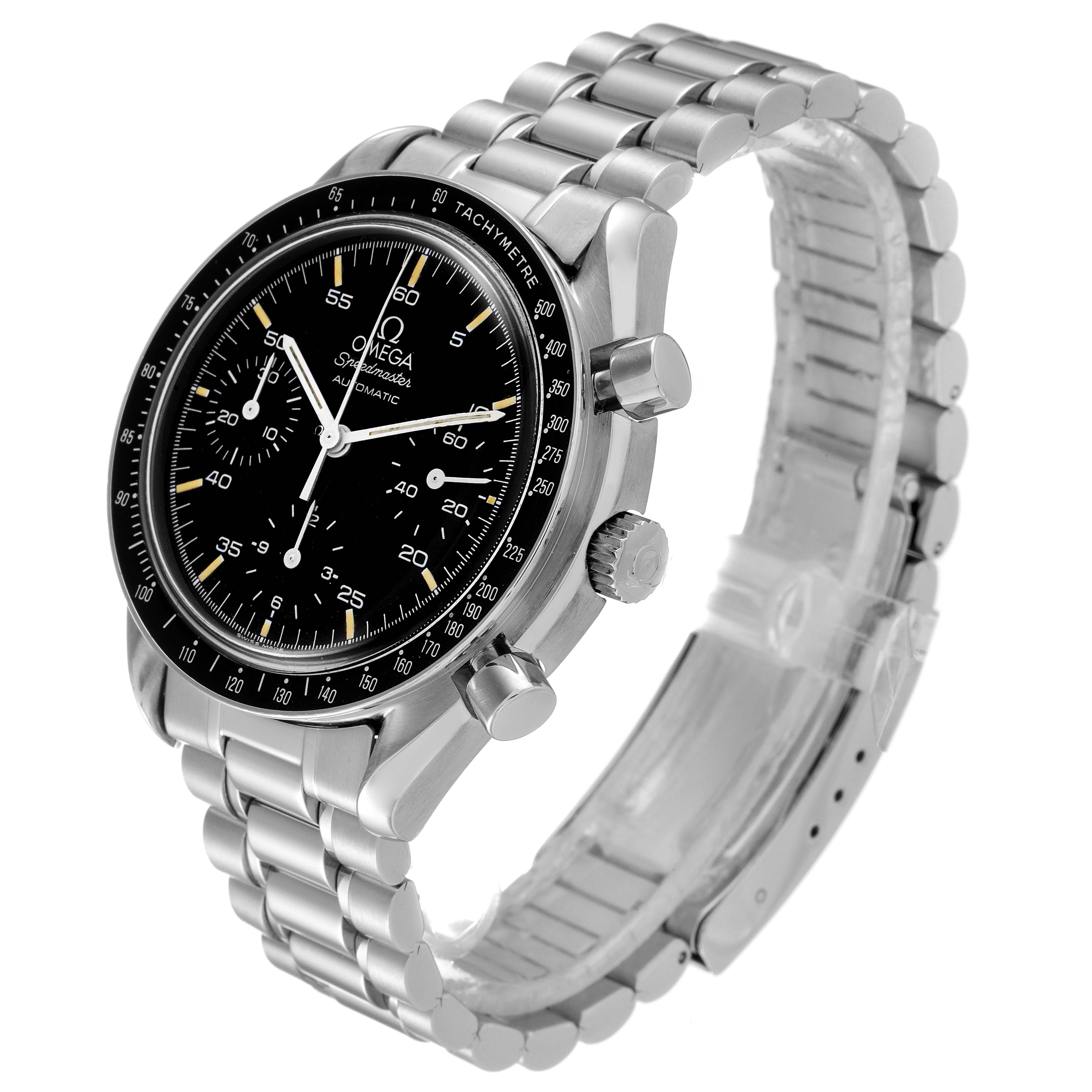 The Omega Speedmaster 3510.50.00 Men
s Stainless Steel Black Dial 3510.50.00 Men
s Stainless Steel Black Dial watch is shown at a three-quarter angle, displaying its face, bezel, chronograph buttons, and stainless steel bracelet.