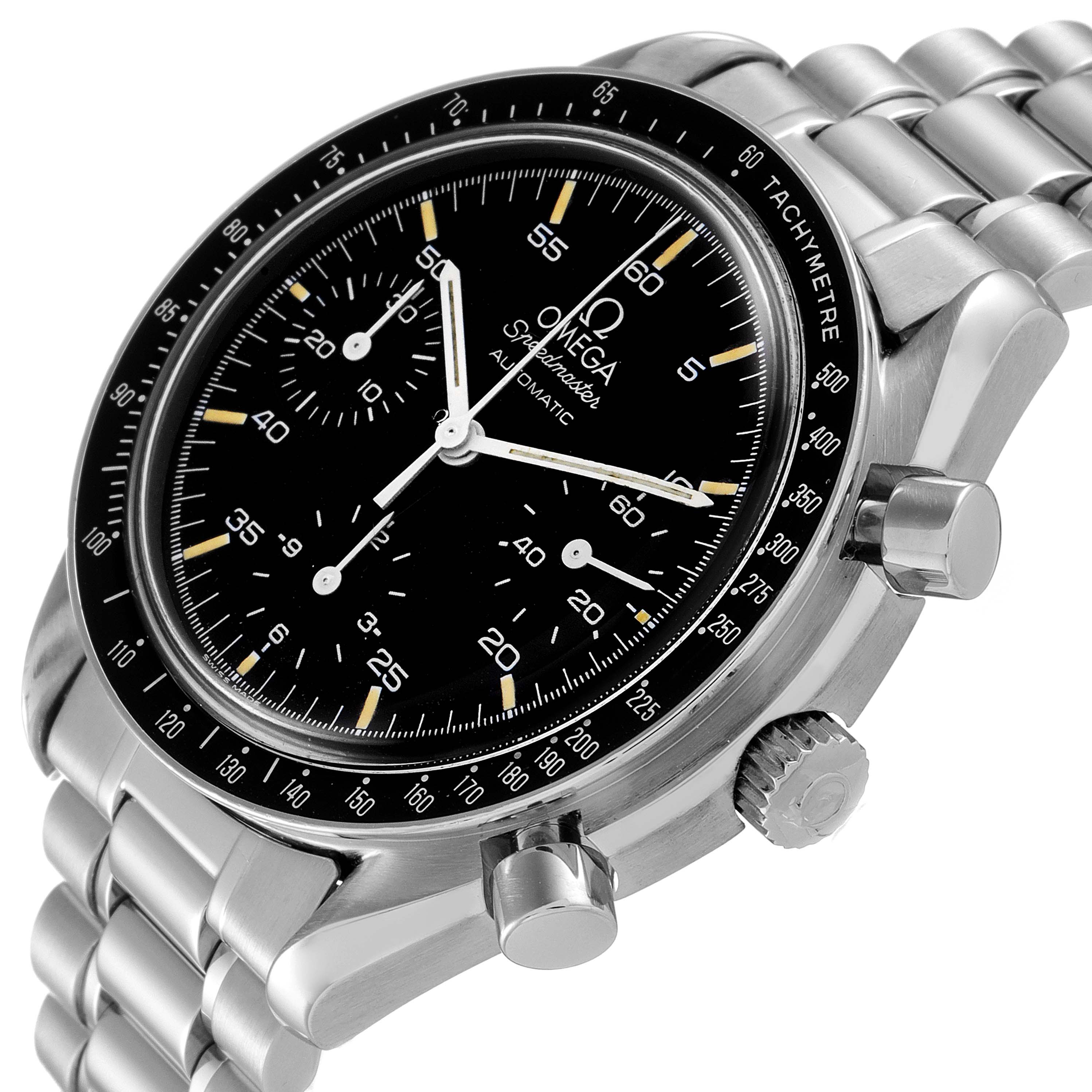 The image shows an angled view of the Omega Speedmaster 3510.50.00 Men
s Stainless Steel Black Dial 3510.50.00 Men
s Stainless Steel Black Dial watch, highlighting the dial, tachymeter bezel, case, and part of the bracelet.