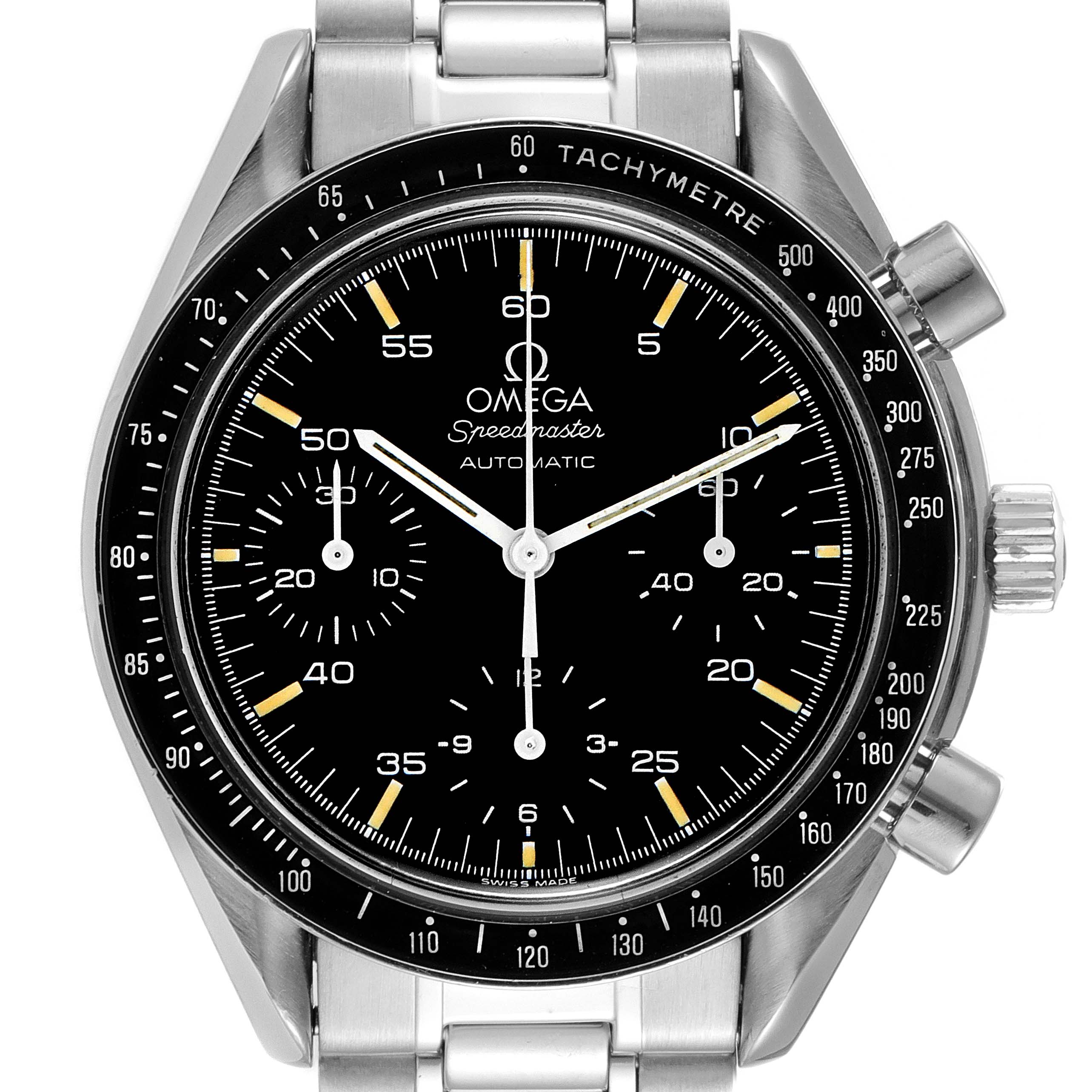 This image shows a frontal view of the Omega Speedmaster 3510.50.00 Men
s Stainless Steel Black Dial 3510.50.00 Men
s Stainless Steel Black Dial watch, highlighting its black dial, chronograph subdials, and stainless steel bracelet.