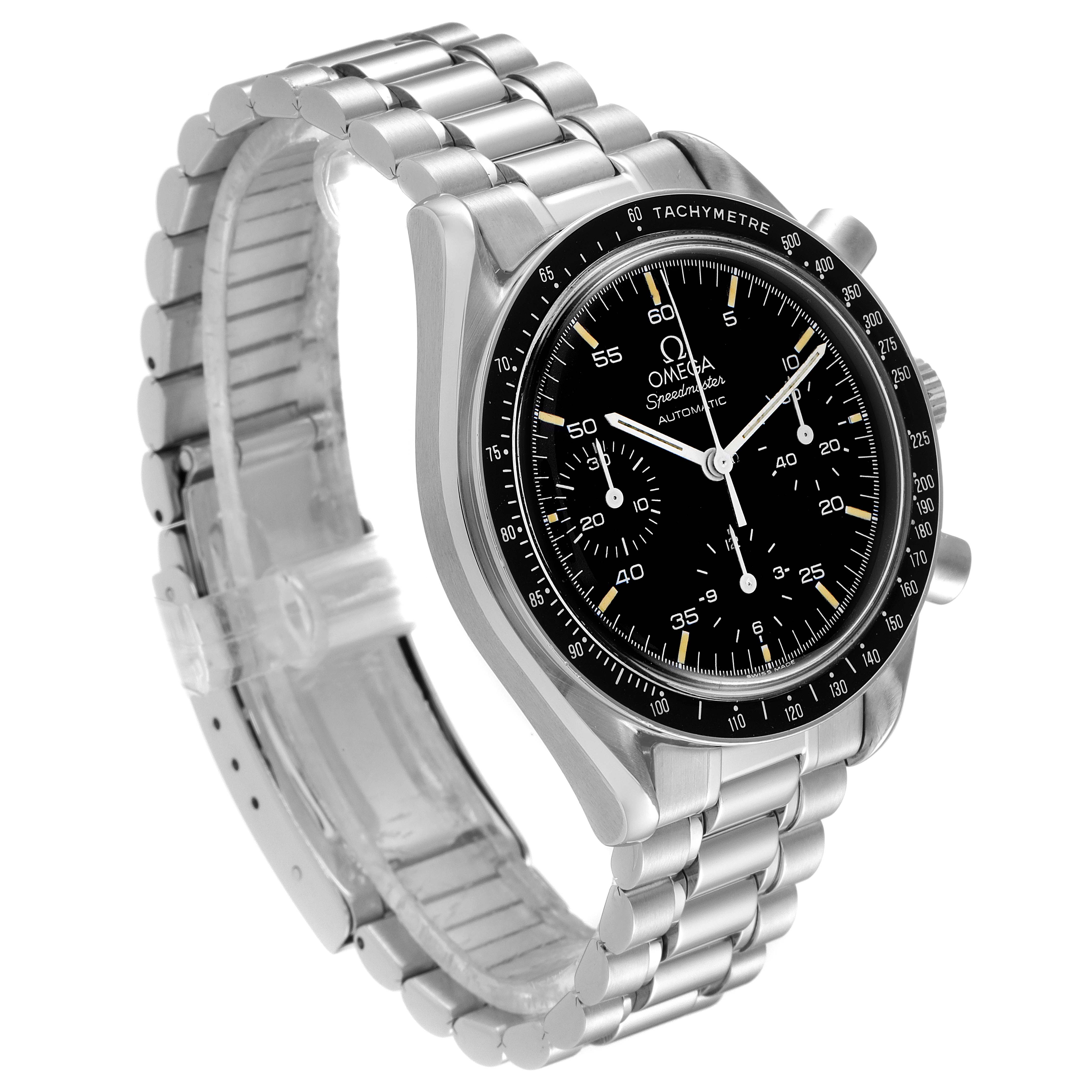 The image shows an Omega Speedmaster 3510.50.00 Men
s Stainless Steel Black Dial 3510.50.00 Men
s Stainless Steel Black Dial watch, angled to display the face, bezel, pushers, and full stainless steel bracelet.