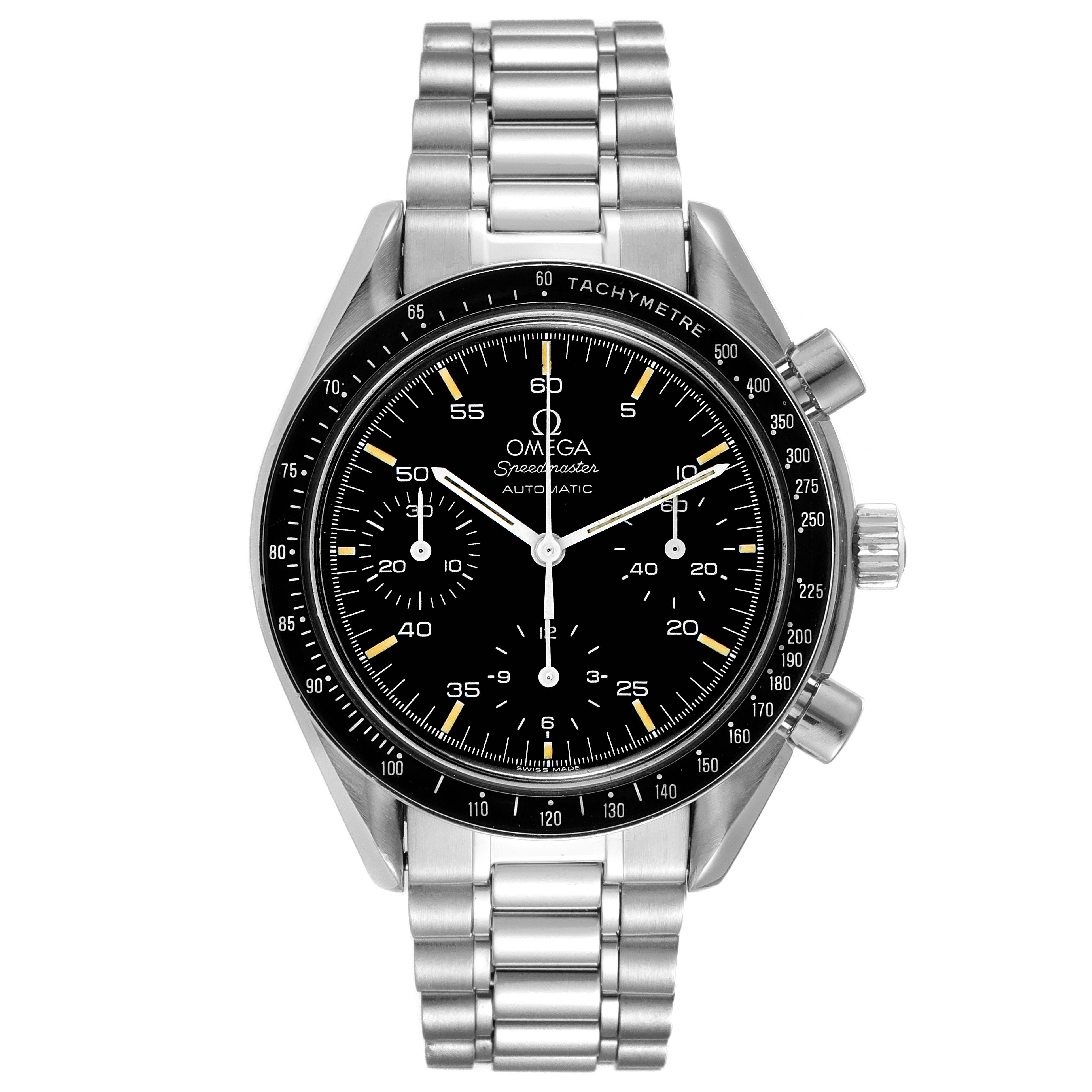 The image shows a front view of the Omega Speedmaster 3510.50.00 Men
s Stainless Steel Black Dial 3510.50.00 Men
s Stainless Steel Black Dial watch, displaying its face, bezel, and bracelet.