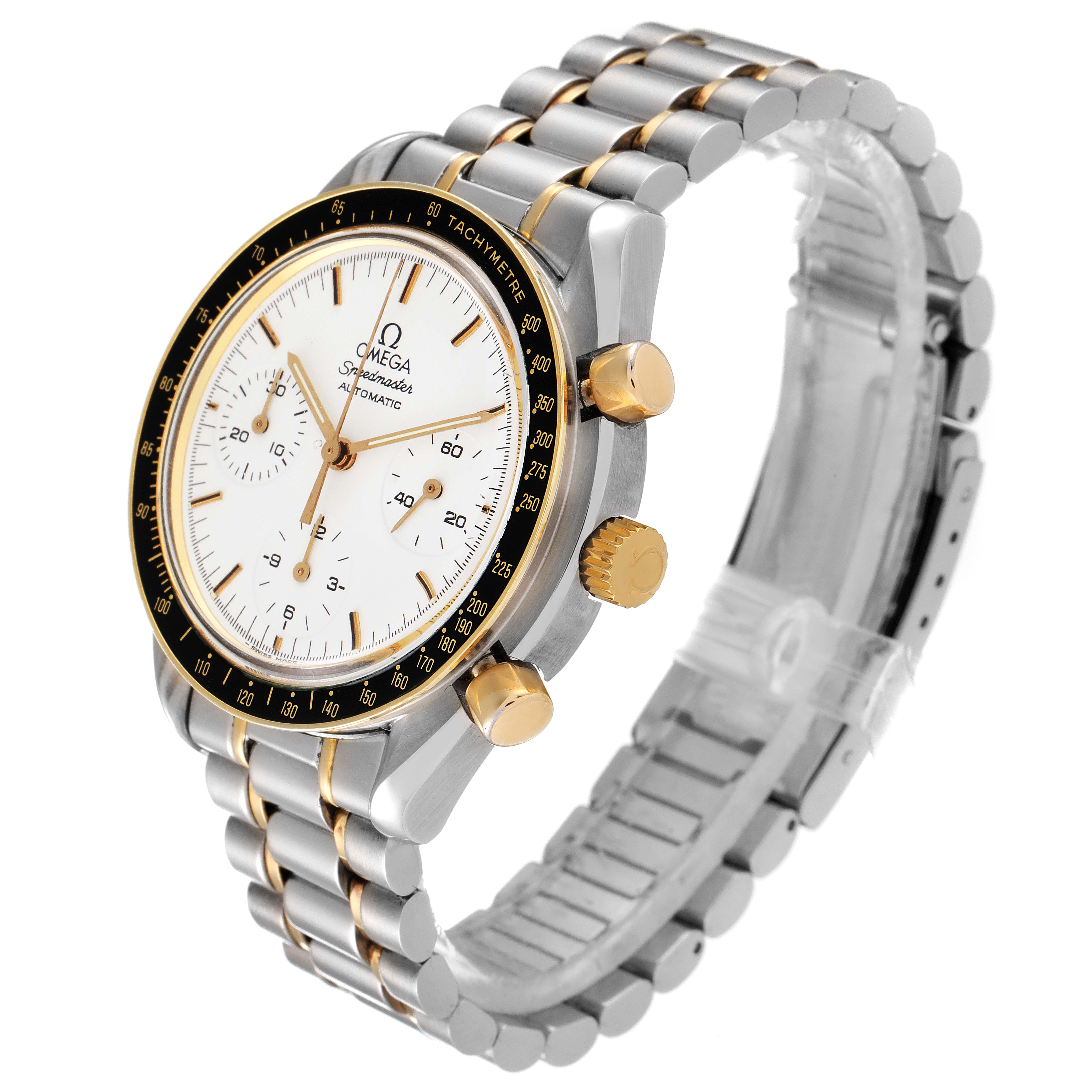 The Omega Speedmaster 3310.20.00 Men's Steel and Gold (two tone) White Dial 3310.20.00 Men's Steel and Gold (two tone) White Dial watch is shown at a 3/4 angle highlighting the face, bezel, crown, pushers, and bracelet.
