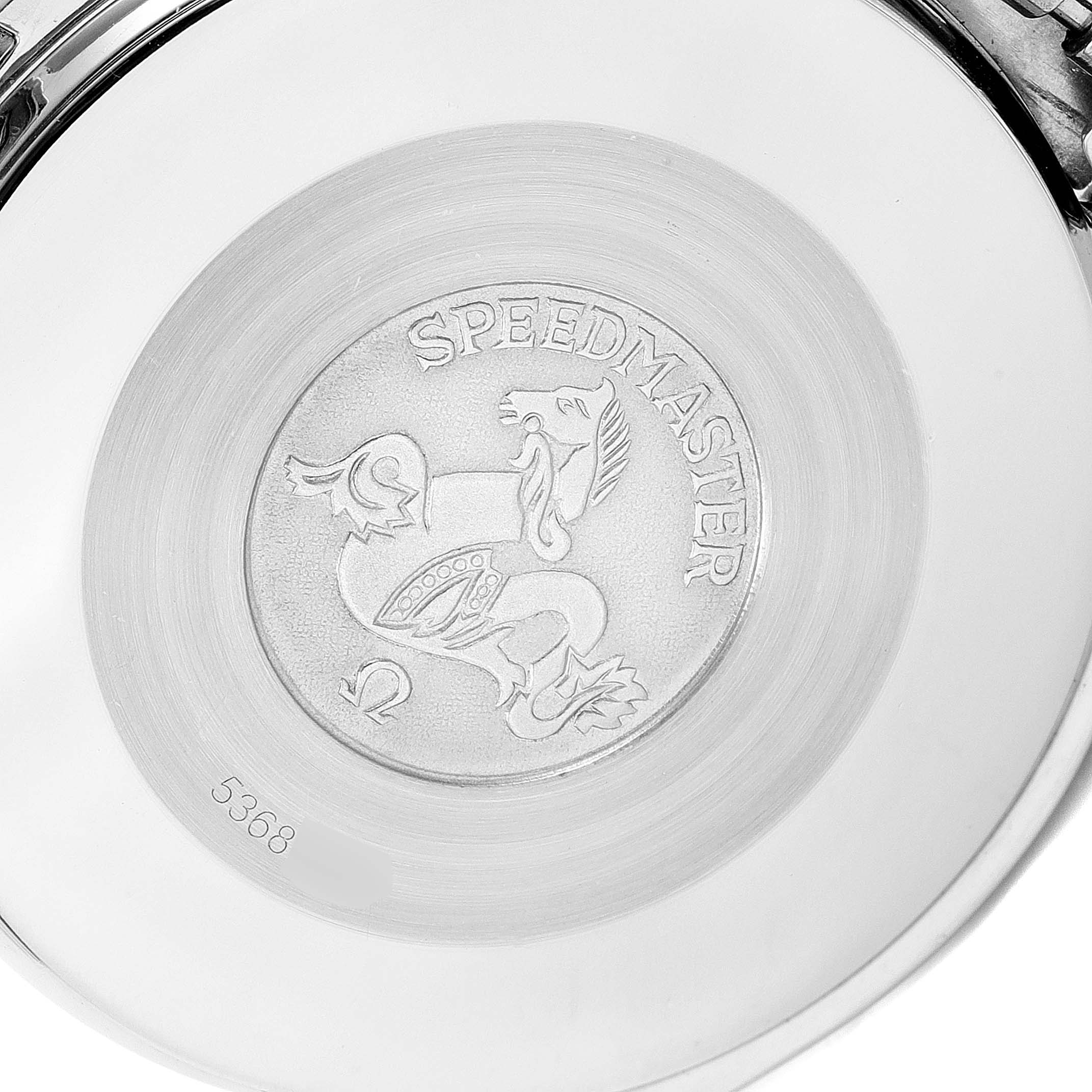 This is a close-up view of the case back of an Omega Speedmaster 3310.20.00 Men's Steel and Gold (two tone) White Dial 3310.20.00 Men's Steel and Gold (two tone) White Dial watch.