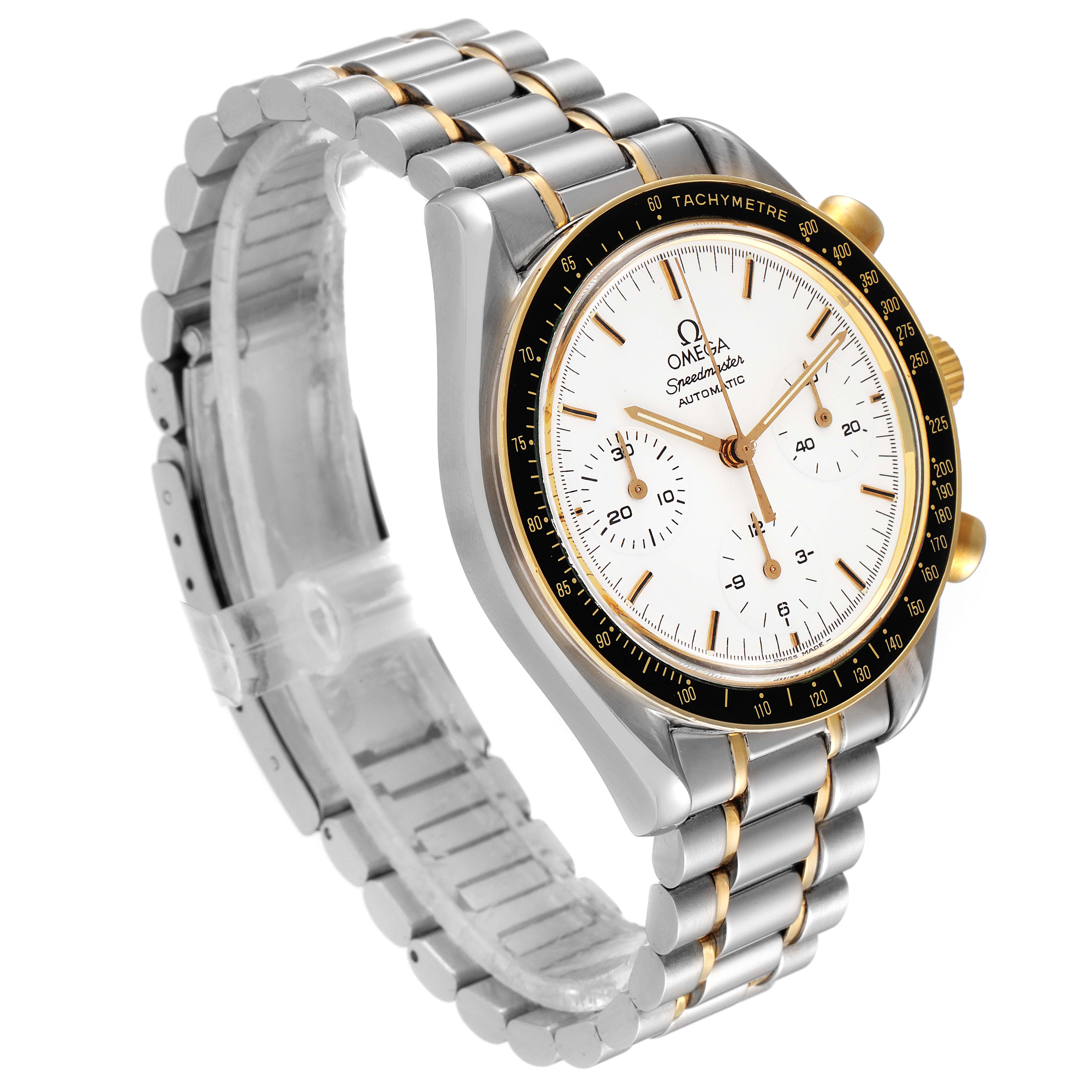 The Omega Speedmaster 3310.20.00 Men's Steel and Gold (two tone) White Dial 3310.20.00 Men's Steel and Gold (two tone) White Dial watch is shown at a three-quarter angle, highlighting the face, bezel, and bracelet.