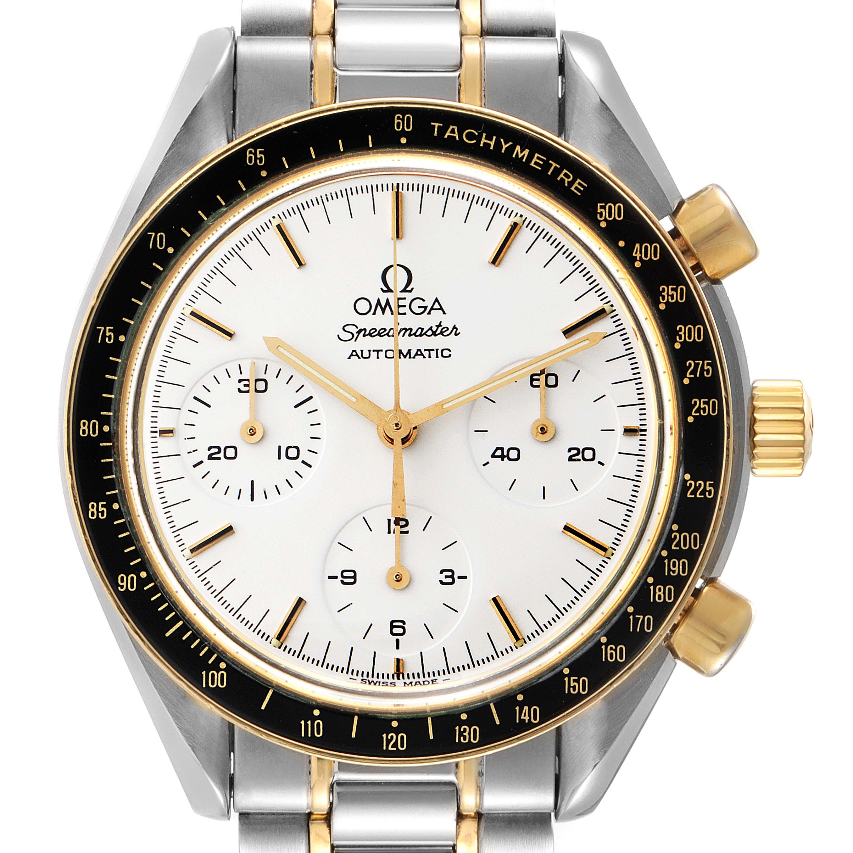The image shows a front view of an Omega Speedmaster 3310.20.00 Men's Steel and Gold (two tone) White Dial 3310.20.00 Men's Steel and Gold (two tone) White Dial watch, highlighting the dial, subdials, bezel, and bracelet.