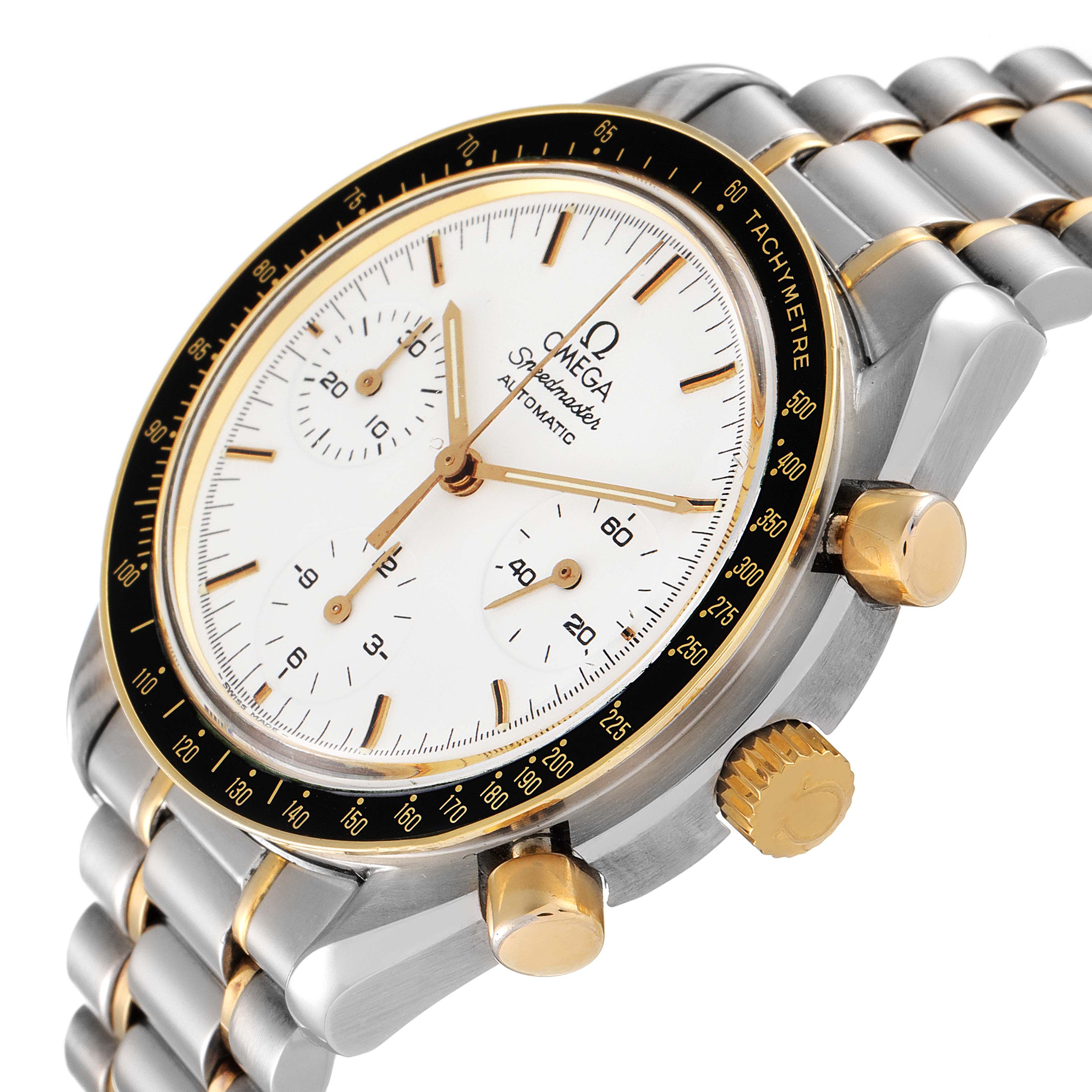 The image shows a slightly angled close-up of the Omega Speedmaster 3310.20.00 Men's Steel and Gold (two tone) White Dial 3310.20.00 Men's Steel and Gold (two tone) White Dial watch's face, crown, bezel, and part of the bracelet.