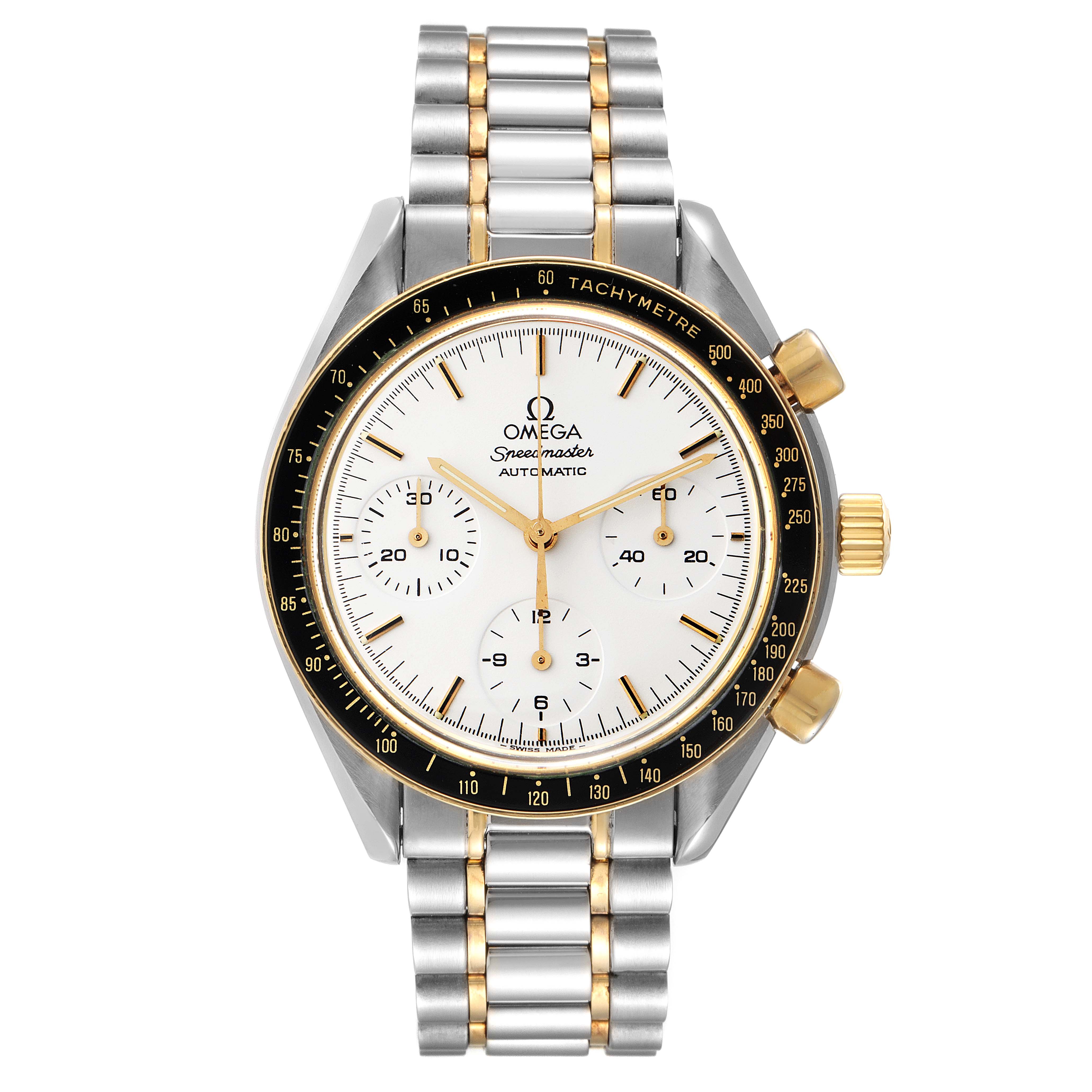 This image shows a frontal view of the Omega Speedmaster 3310.20.00 Men's Steel and Gold (two tone) White Dial 3310.20.00 Men's Steel and Gold (two tone) White Dial watch, highlighting its dial, bezel, and metal bracelet.