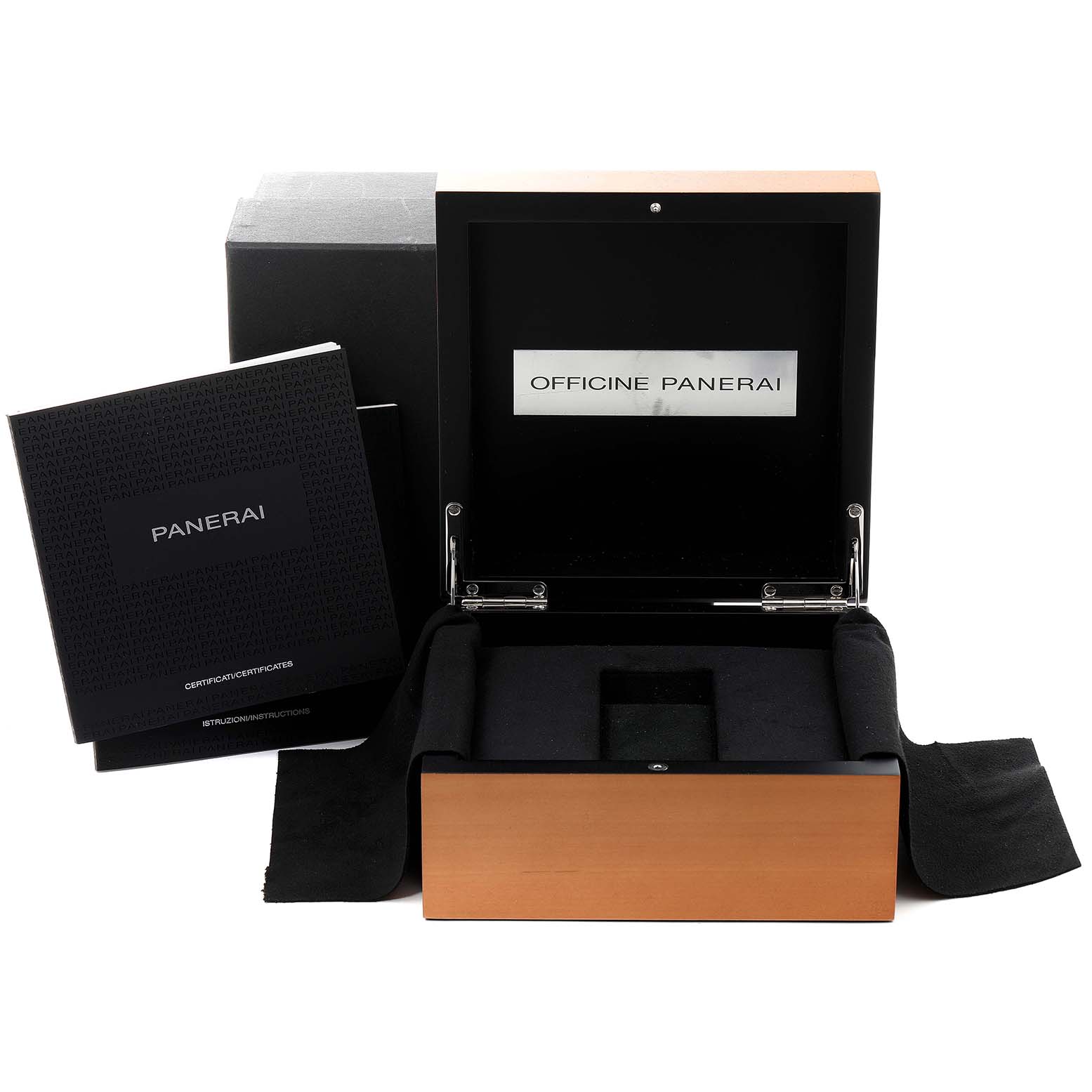 This image shows an open Panerai Luminor PAM00774 Men's Stainless Steel Black Dial PAM00774 Men's Stainless Steel Black Dial watch box and accompanying certificates from a slightly elevated front angle.