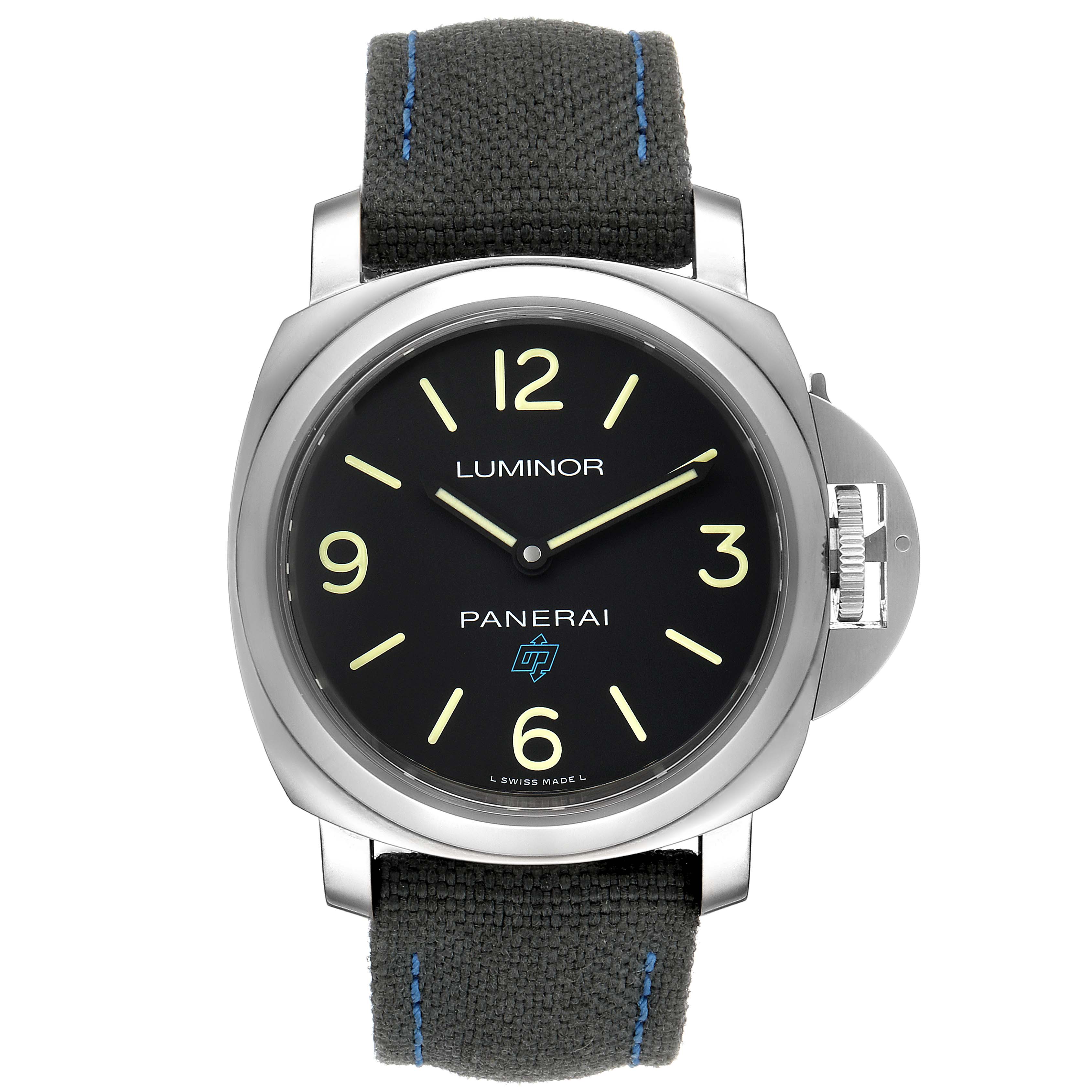 This Panerai Luminor PAM00774 Men's Stainless Steel Black Dial PAM00774 Men's Stainless Steel Black Dial watch is shown from a front view, displaying its dial, case, and strap.