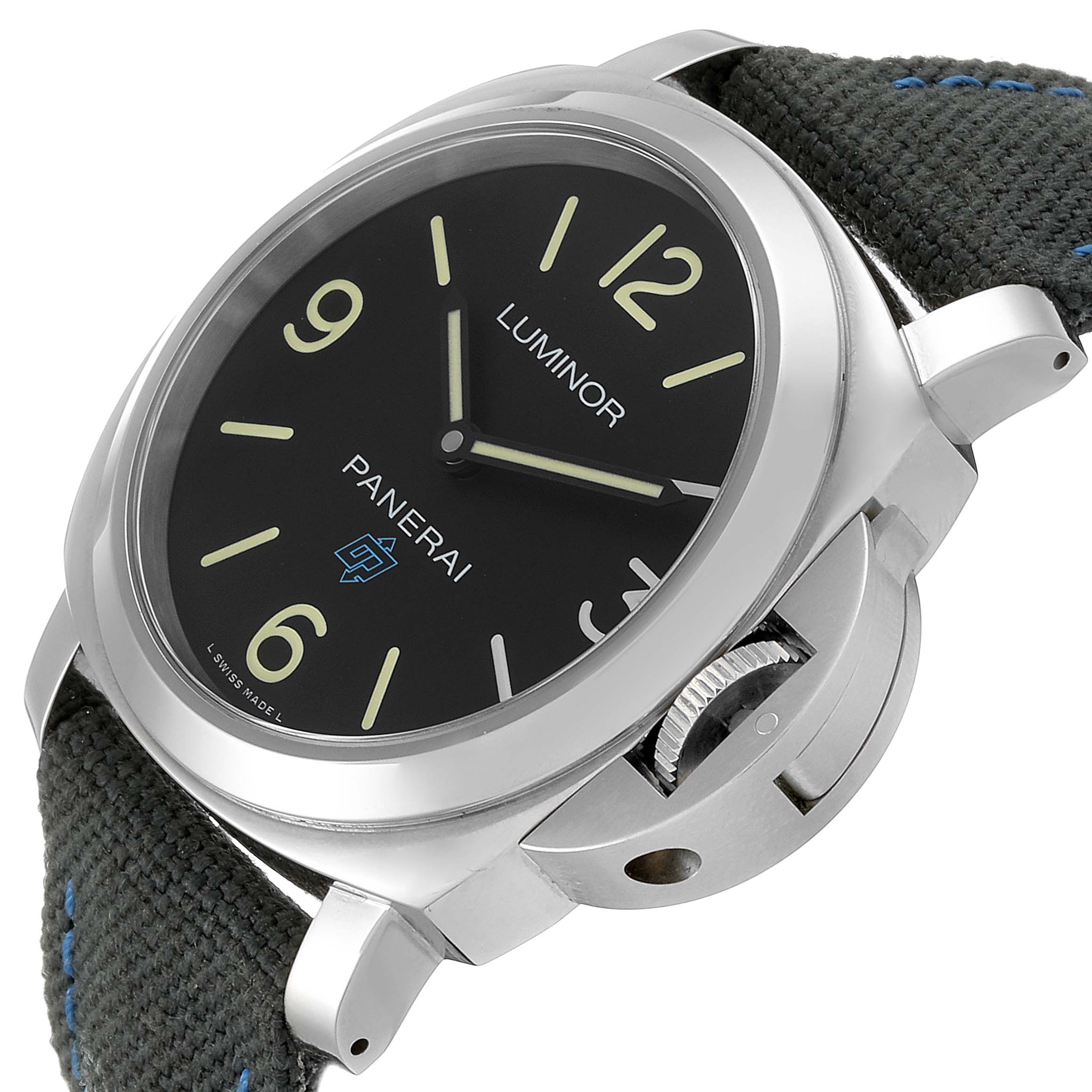 The image shows a close-up angle of a Panerai Luminor PAM00774 Men's Stainless Steel Black Dial PAM00774 Men's Stainless Steel Black Dial watch, highlighting the face, crown guard, and strap.