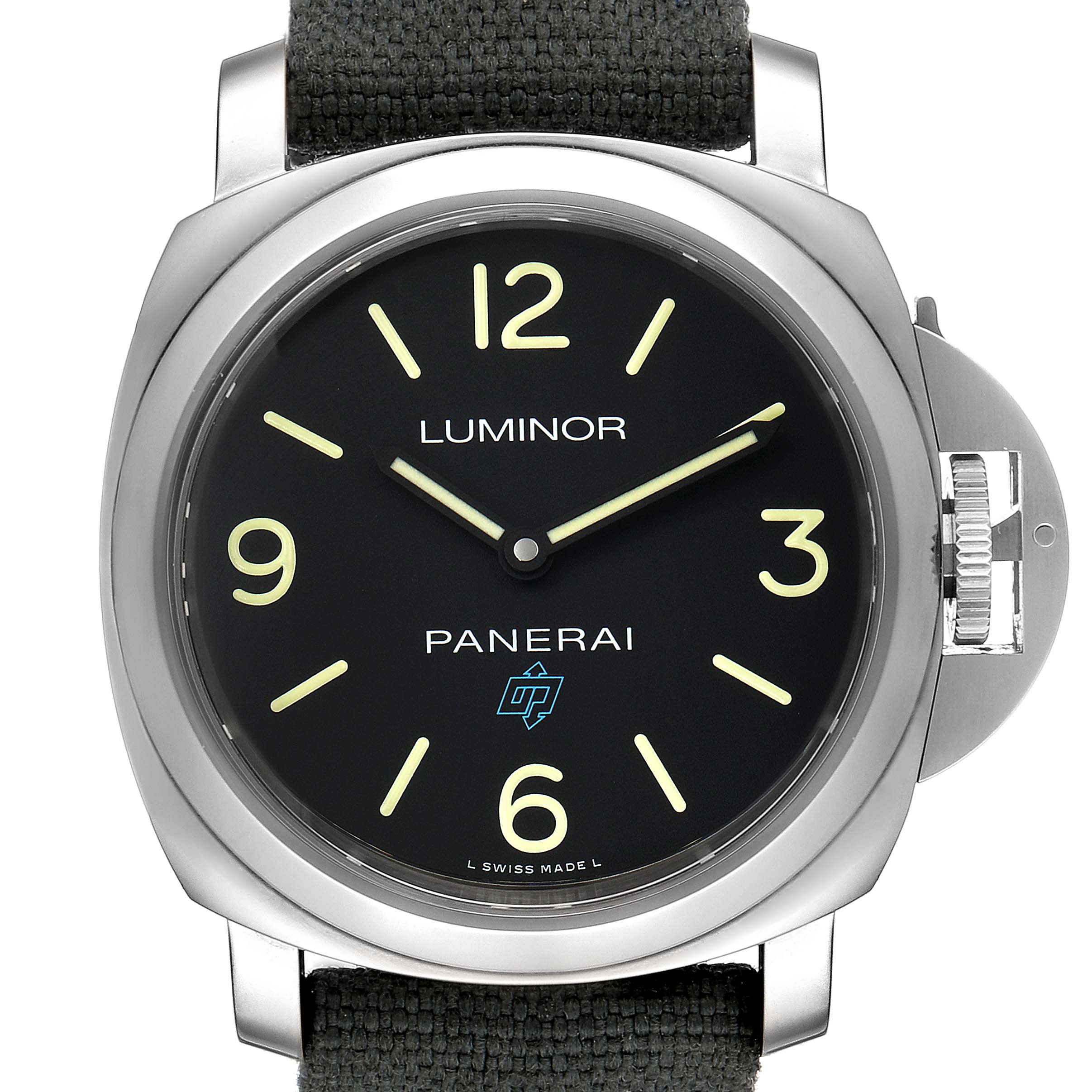 This image shows a front view of the Panerai Luminor PAM00774 Men's Stainless Steel Black Dial PAM00774 Men's Stainless Steel Black Dial watch, showcasing its dial, case, and crown guard.
