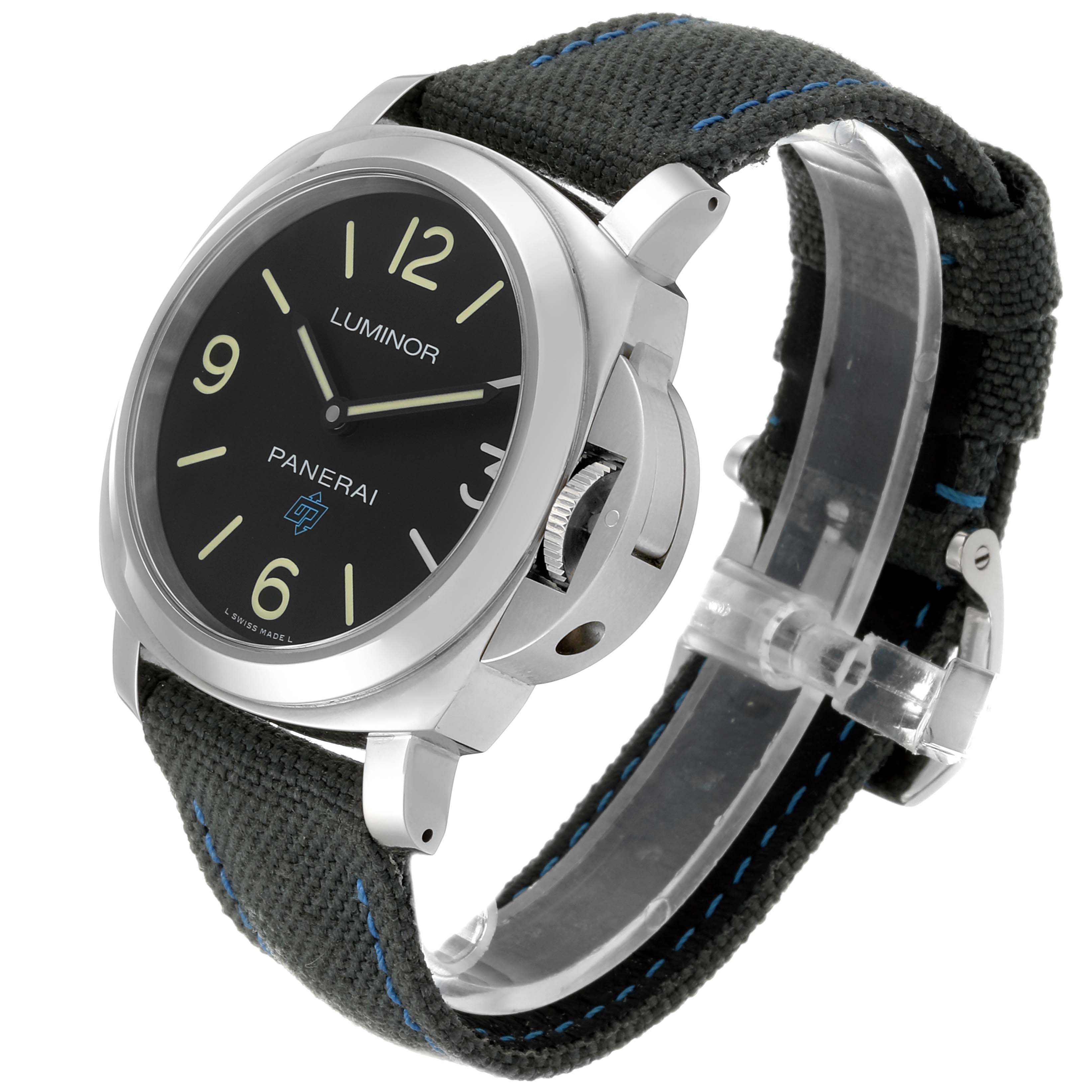 The image displays a Panerai Luminor PAM00774 Men's Stainless Steel Black Dial PAM00774 Men's Stainless Steel Black Dial watch at a three-quarter angle, showcasing the case, bezel, strap, and crown guard.