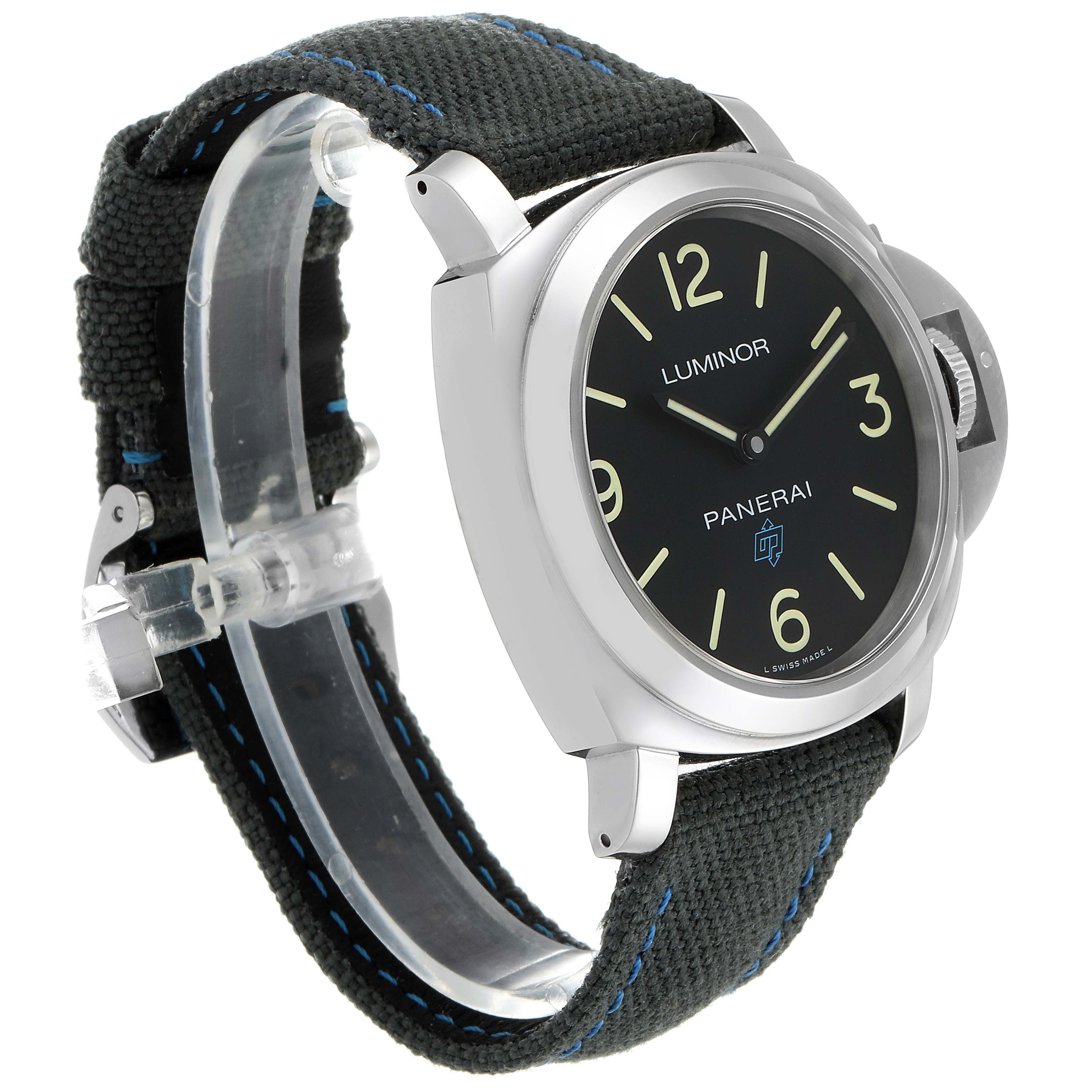 The image shows a side angle of the Panerai Luminor PAM00774 Men's Stainless Steel Black Dial PAM00774 Men's Stainless Steel Black Dial watch, highlighting its face, crown, and strap with blue stitching.