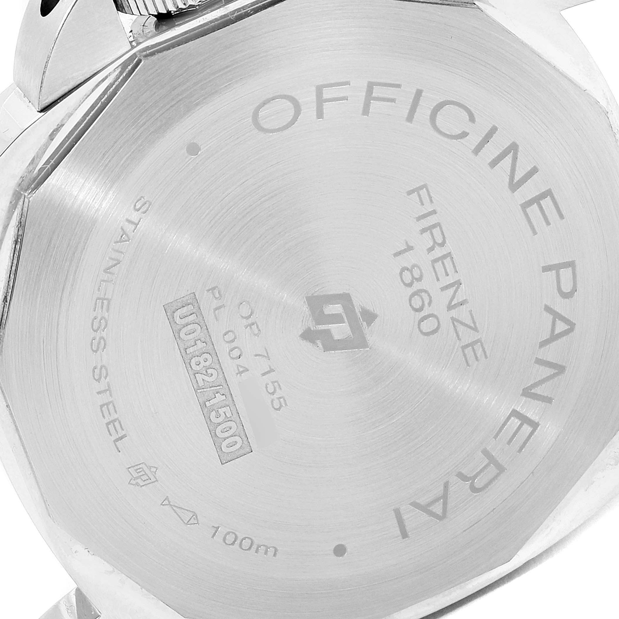 The image shows the stainless steel case back of a Panerai Luminor PAM00774 Men's Stainless Steel Black Dial PAM00774 Men's Stainless Steel Black Dial watch, detailing engraving and water resistance.