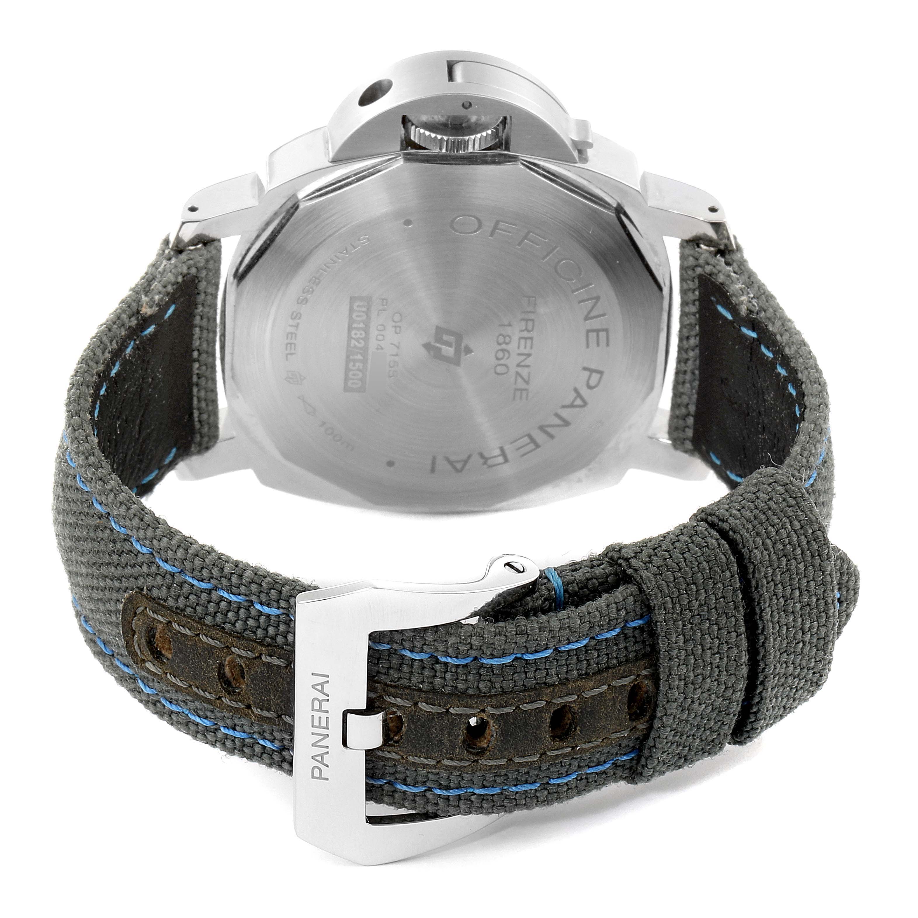 This image shows the back of the Panerai Luminor PAM00774 Men's Stainless Steel Black Dial PAM00774 Men's Stainless Steel Black Dial watch and its fabric and leather strap with a buckle.