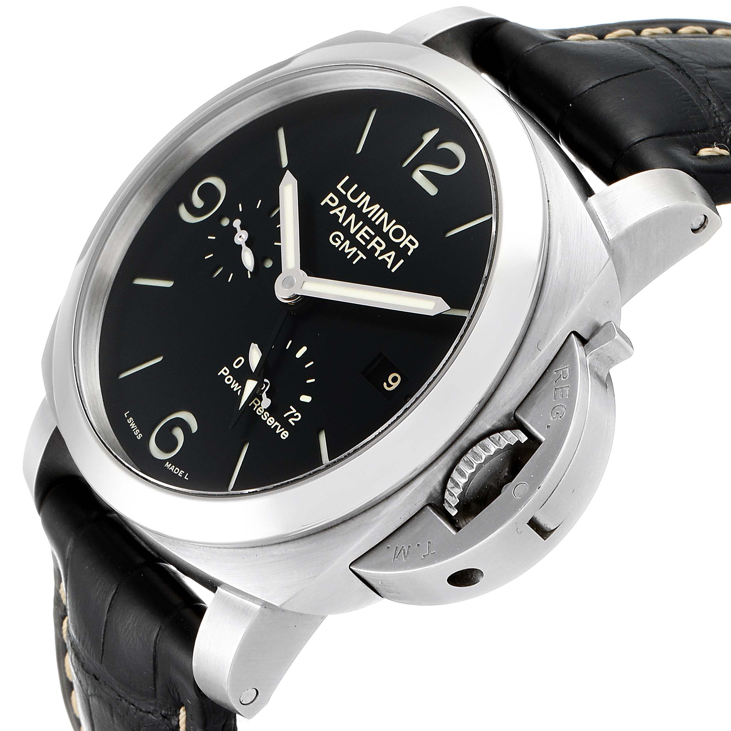 The image shows a Panerai Luminor PAM00321 Men
s Stainless Steel Black Dial PAM00321 Men
s Stainless Steel Black Dial model watch from an angled side view, highlighting the dial, crown guard, and strap.
