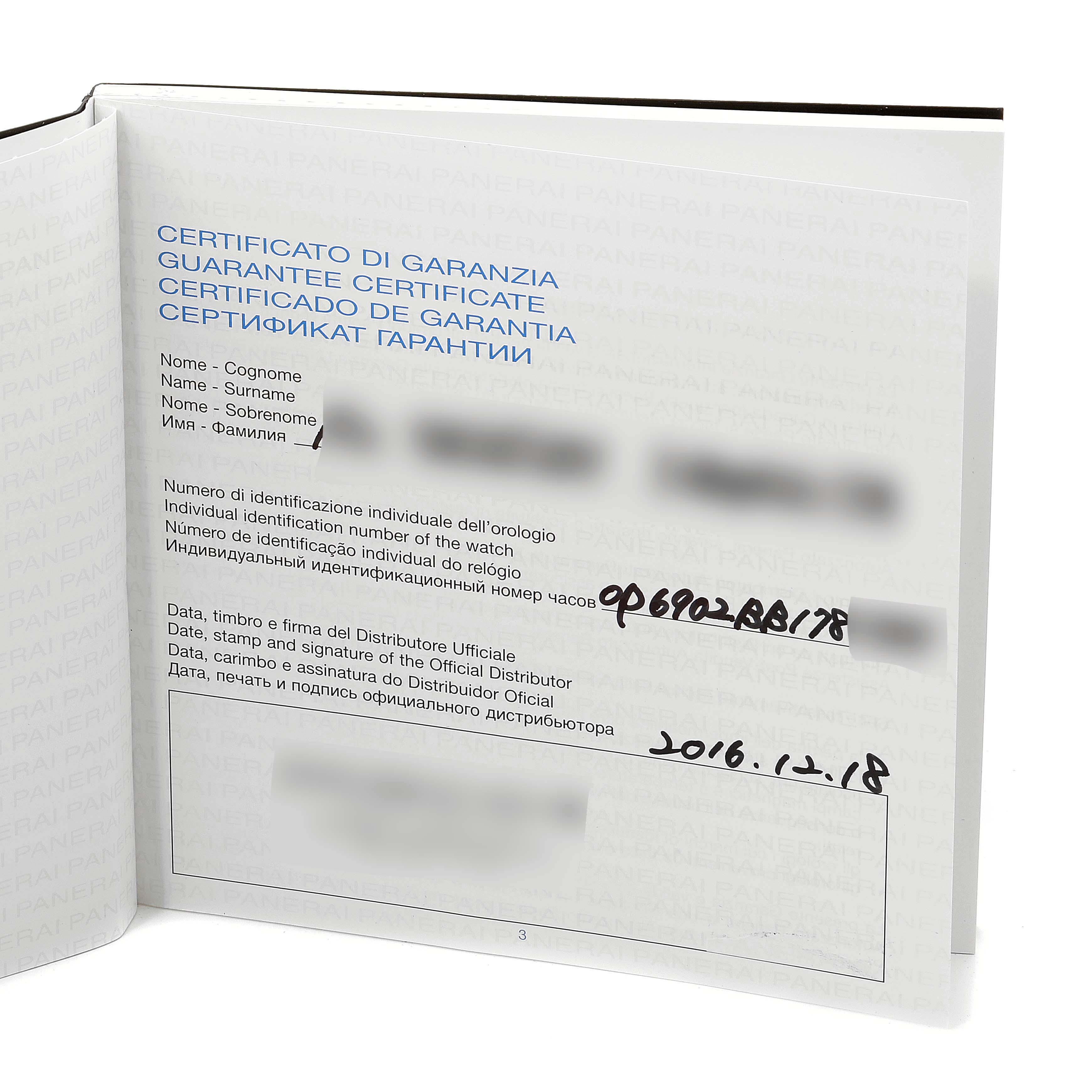 The image shows a guarantee certificate for the Panerai Luminor PAM00321 Men
s Stainless Steel Black Dial PAM00321 Men
s Stainless Steel Black Dial model, featuring handwritten details.