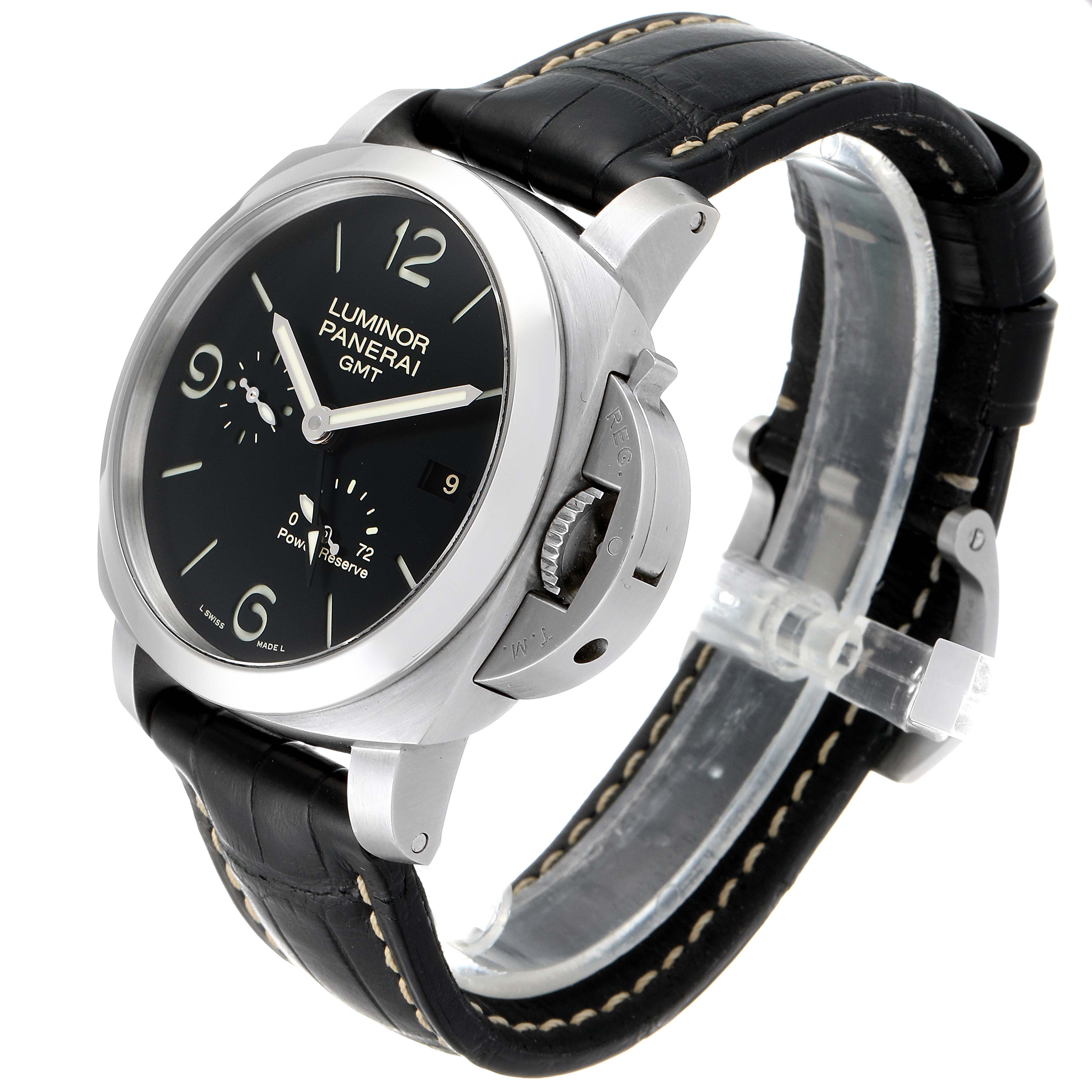 The image shows a Panerai Luminor PAM00321 Men
s Stainless Steel Black Dial PAM00321 Men
s Stainless Steel Black Dial GMT watch from an angled side view, highlighting its face, crown guard, and leather strap.