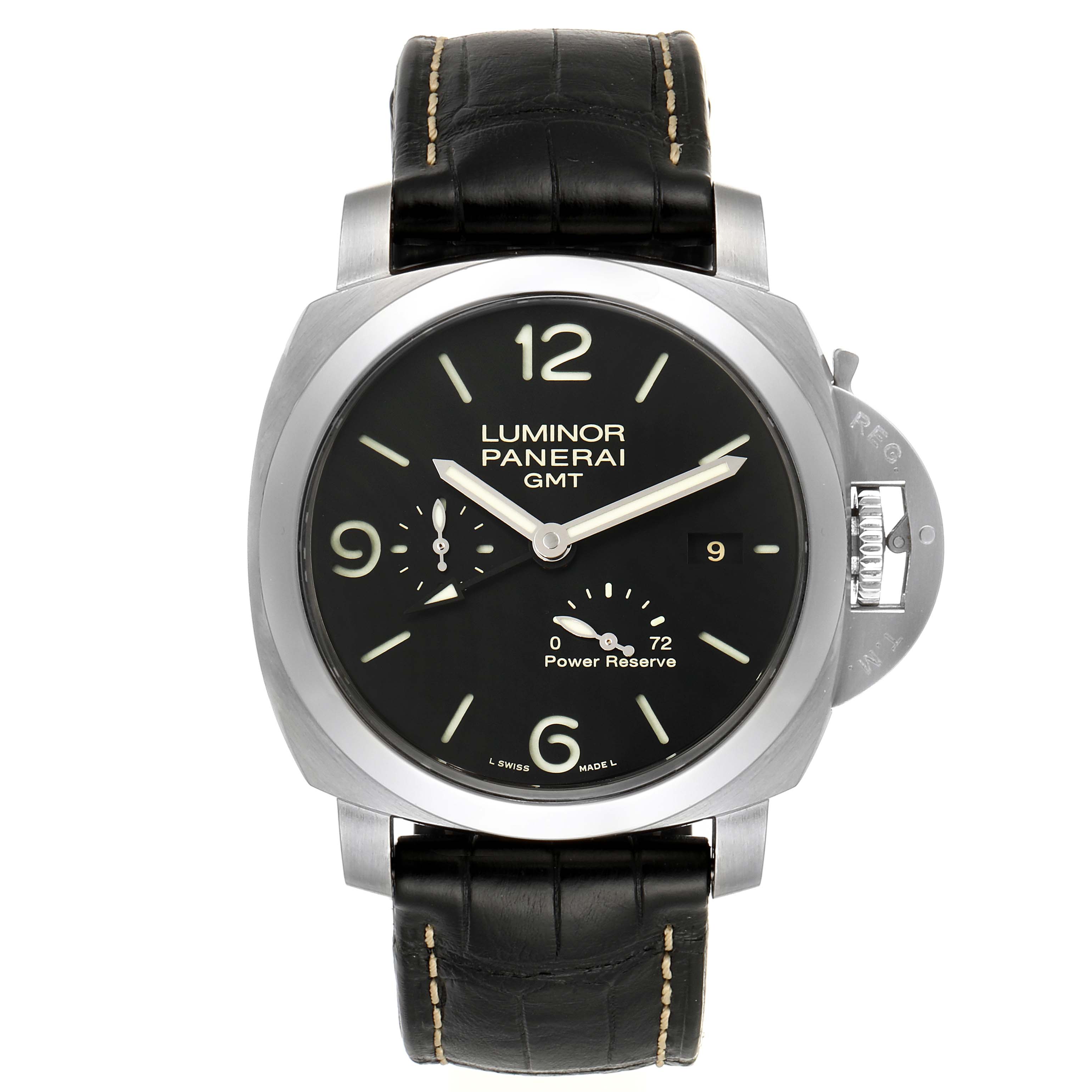 The image shows a frontal view of a Panerai Luminor PAM00321 Men
s Stainless Steel Black Dial PAM00321 Men
s Stainless Steel Black Dial GMT watch, displaying its dial, crown protector, and leather strap.