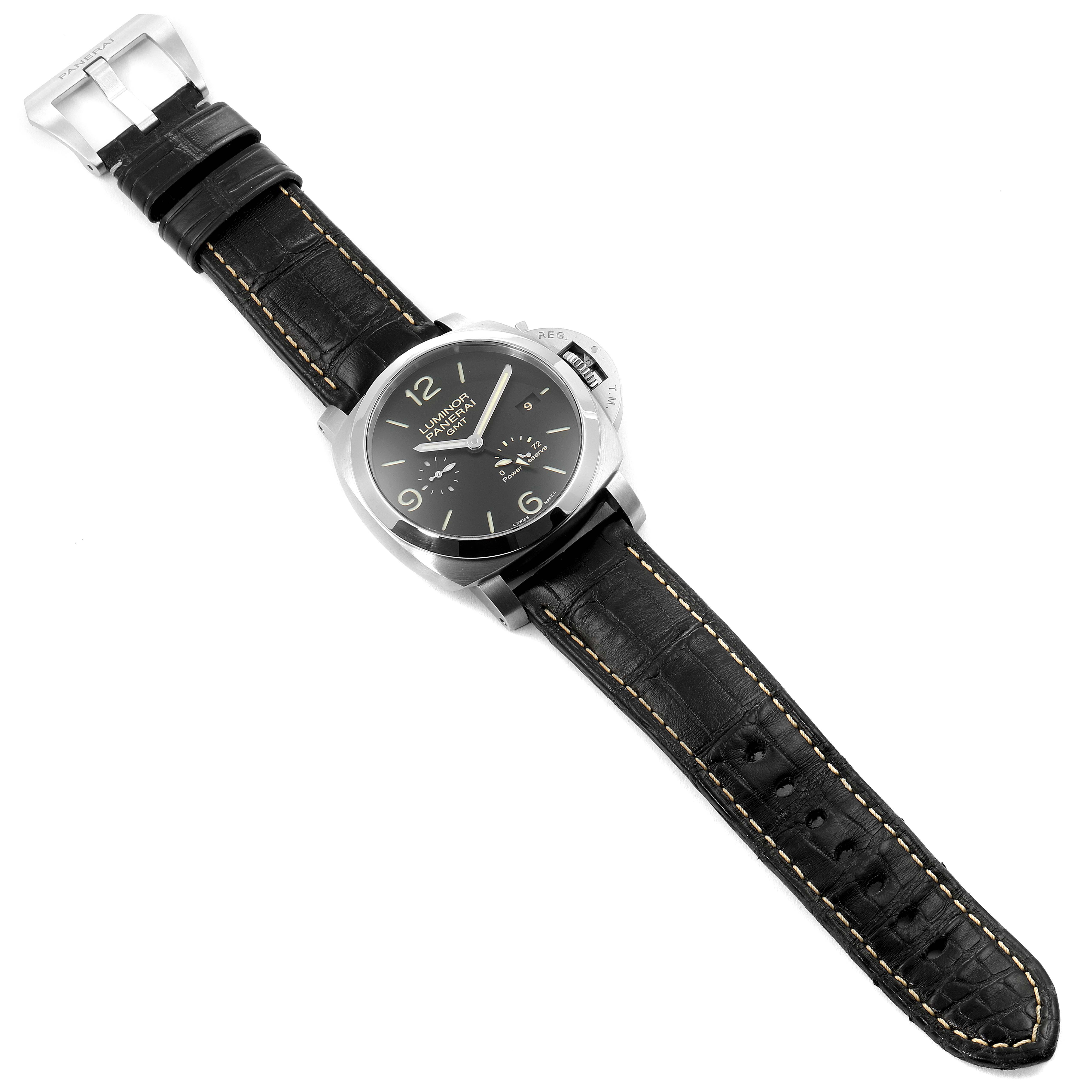 The image shows a top view of a Panerai Luminor PAM00321 Men
s Stainless Steel Black Dial PAM00321 Men
s Stainless Steel Black Dial model watch featuring a black dial and leather strap.