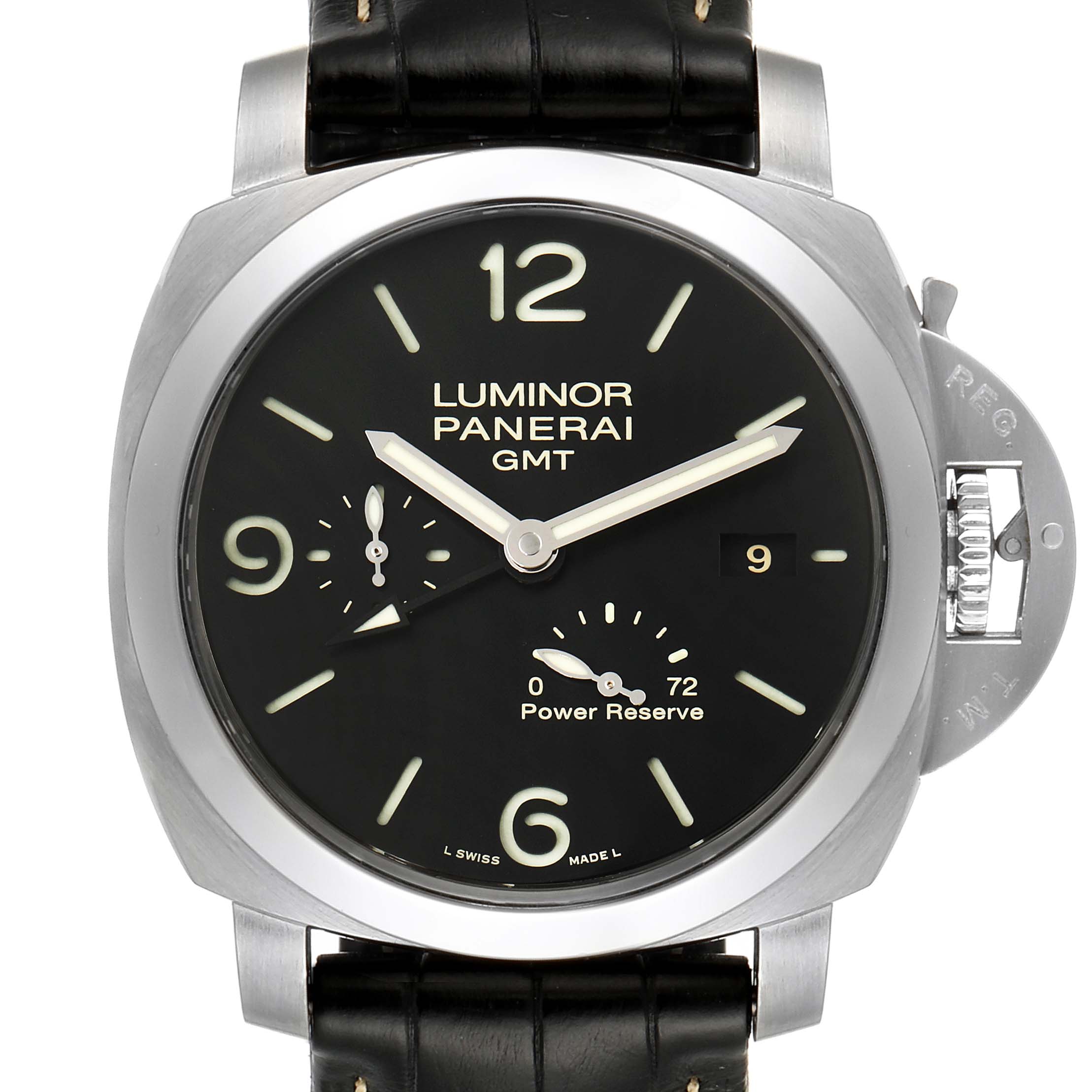 The image shows a front view of a Panerai Luminor PAM00321 Men
s Stainless Steel Black Dial PAM00321 Men
s Stainless Steel Black Dial GMT watch, displaying the dial, hands, power reserve indicator, and crown guard.