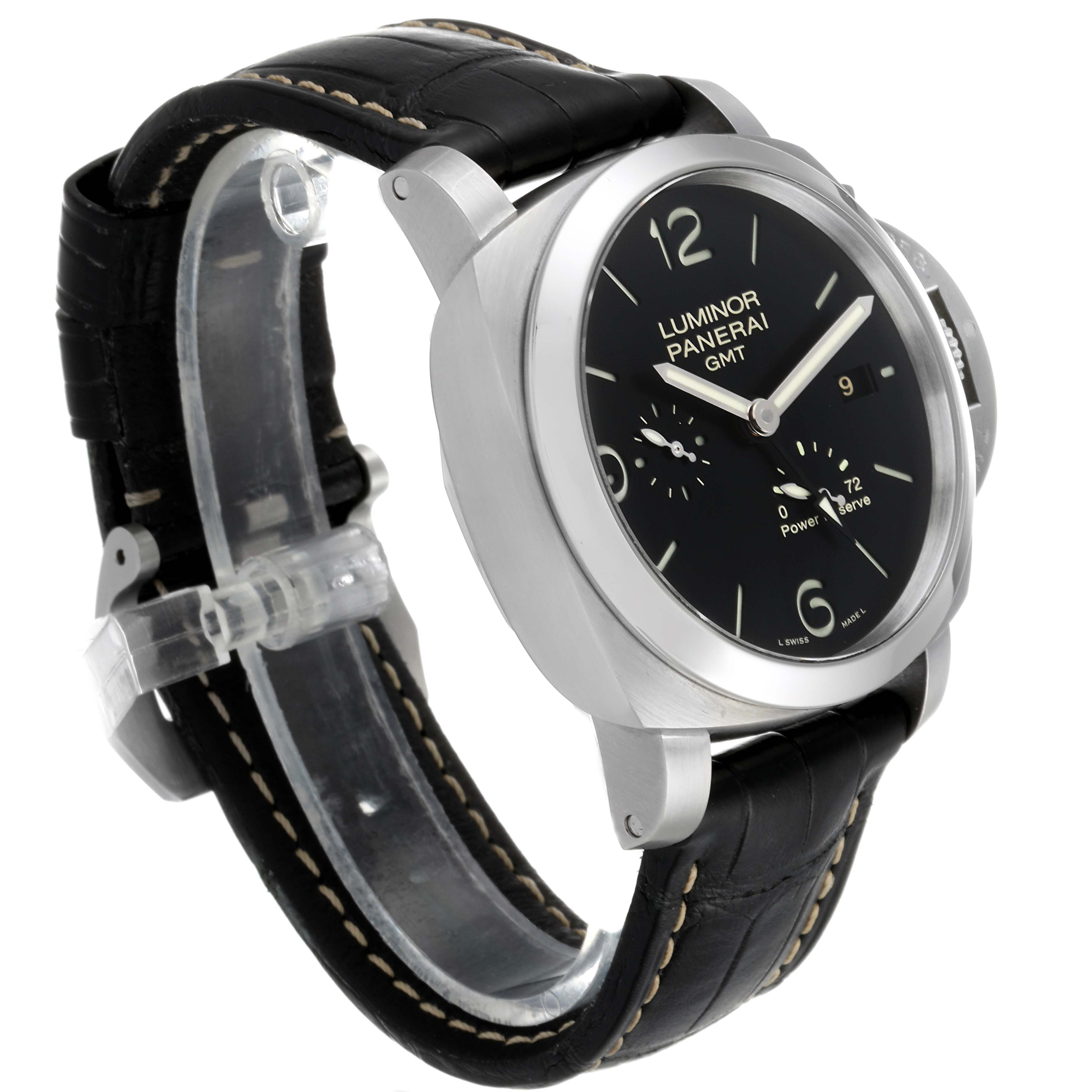 The image shows a Panerai Luminor PAM00321 Men
s Stainless Steel Black Dial PAM00321 Men
s Stainless Steel Black Dial GMT watch from a three-quarter angle, highlighting its black dial, silver bezel, and black leather strap.