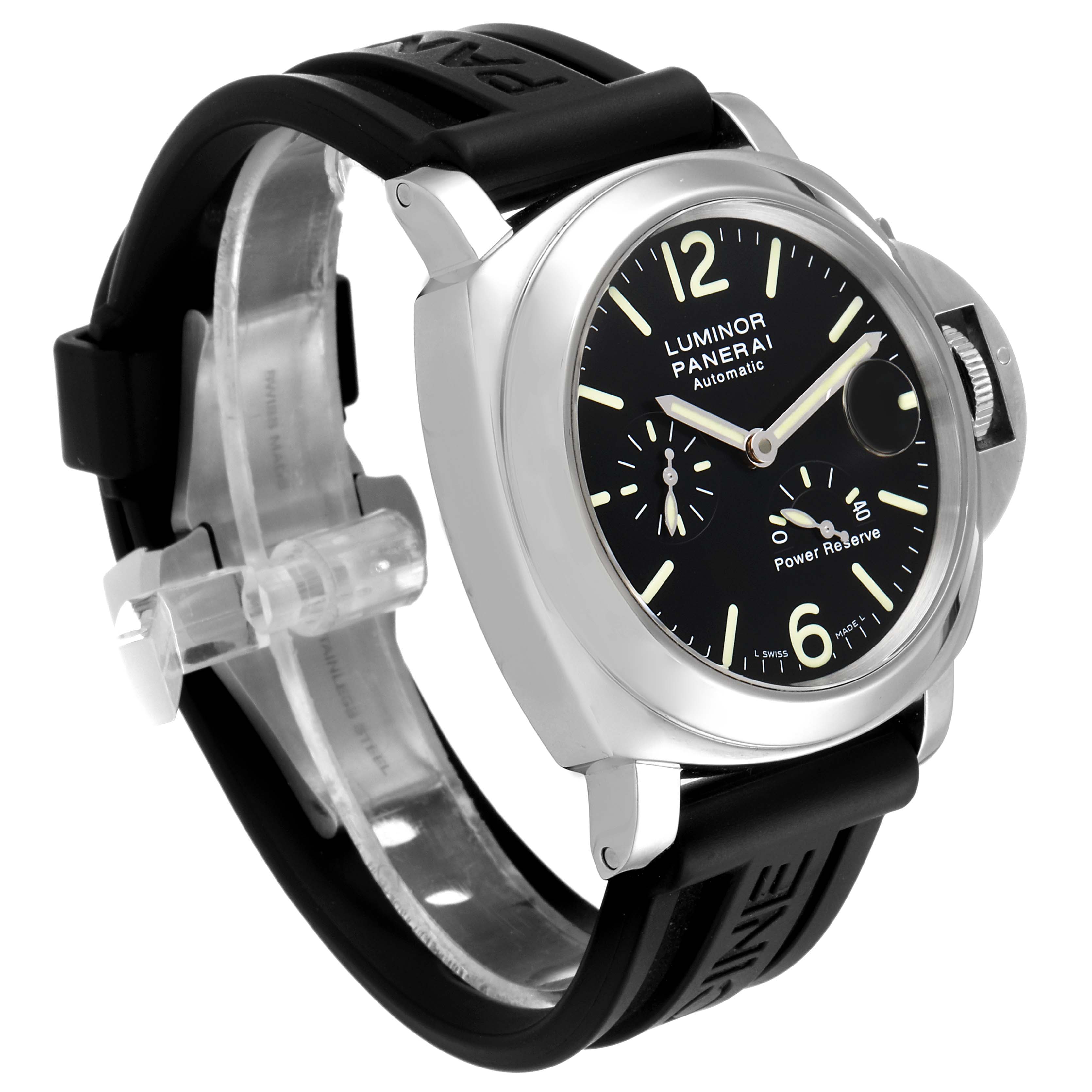 The image shows a side angle of the Panerai Luminor PAM00090 Men
s Stainless Steel Black Dial PAM00090 Men
s Stainless Steel Black Dial watch highlighting its dial, case, and rubber strap.