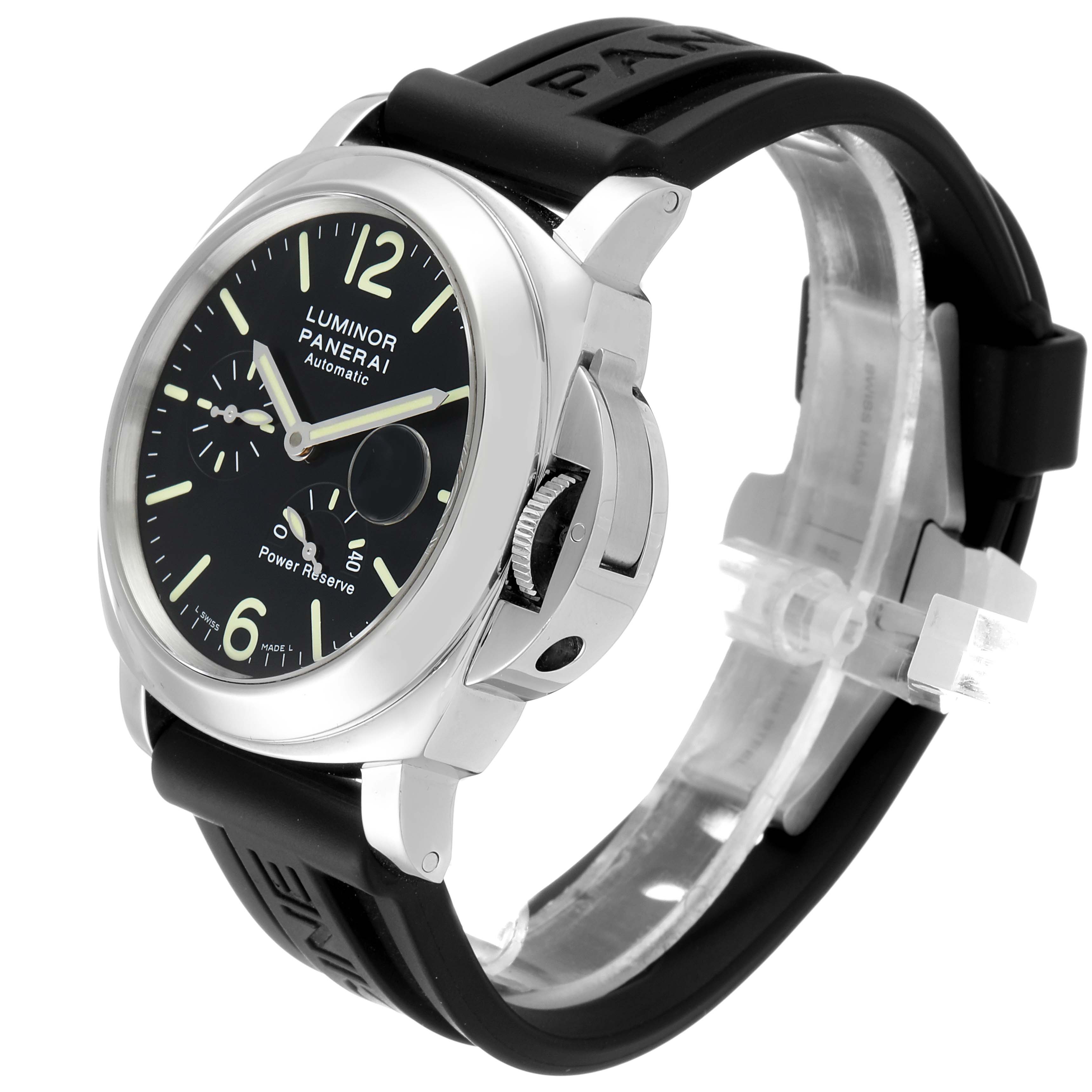 The image shows a Panerai Luminor PAM00090 Men
s Stainless Steel Black Dial PAM00090 Men
s Stainless Steel Black Dial watch at a three-quarter angle, highlighting its dial, crown guard, and rubber strap.
